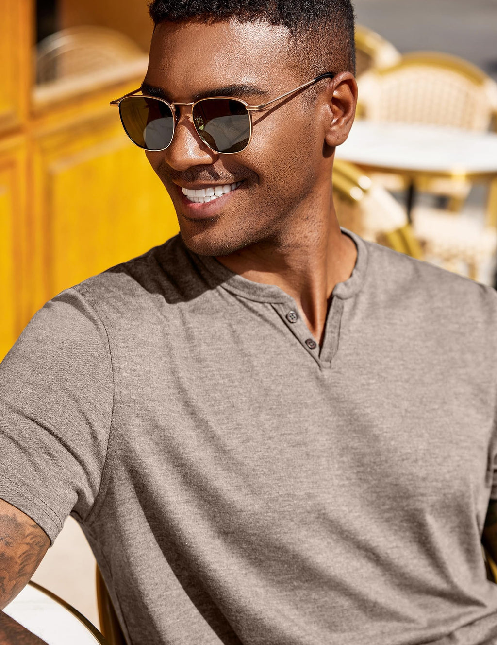 COOFANDY Men's Soft T Shirts Short Sleeve Burnout Notch Neck Tee Shirt Casual Stylish Summer Wear Khaki