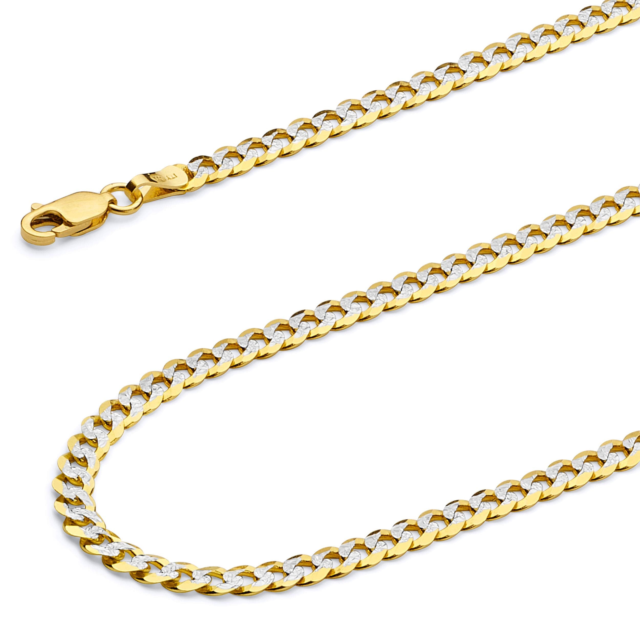 14k REAL Two Tone Gold Solid 2mm Cuban Concave Curb White Pave Chain Necklace with Spring Ring Clasp - 16"