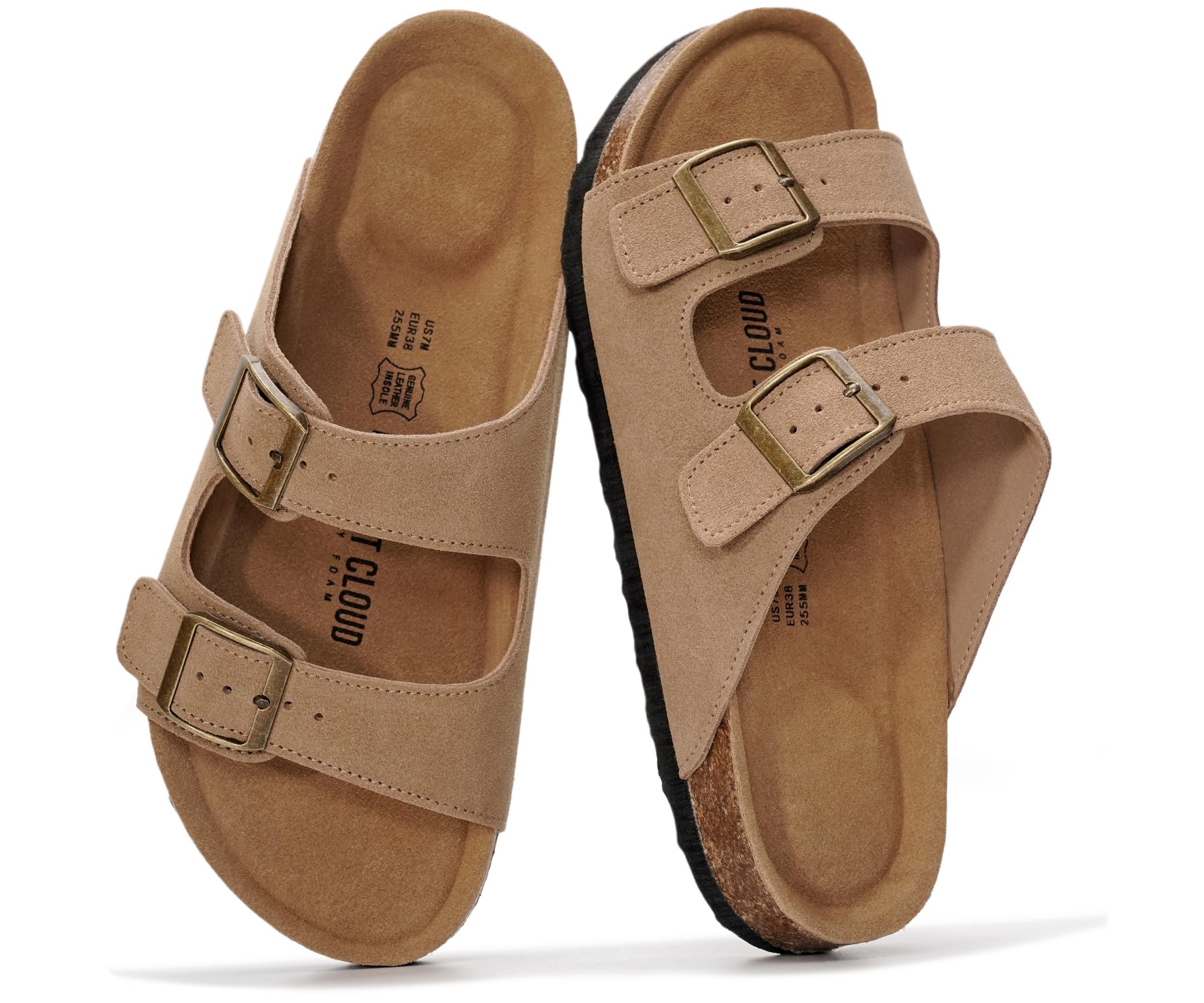 Project Cloud 100% Genuine Leather Flat Sandals For Women 2026 Cork Footbed Womens Sandals with Memory Foam and arch support Vacation Essentials Slides for Women Footwear (Venita, Chestnut, 8)