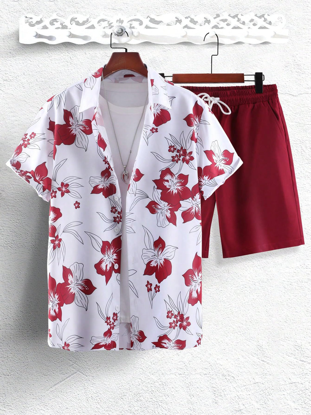 GORGLITTER Men's Vacation Beach Cruise Summer Outfits 2 Piece Shorts Set Hawaiian Button Down Shirt and Shorts Red and White X-Large