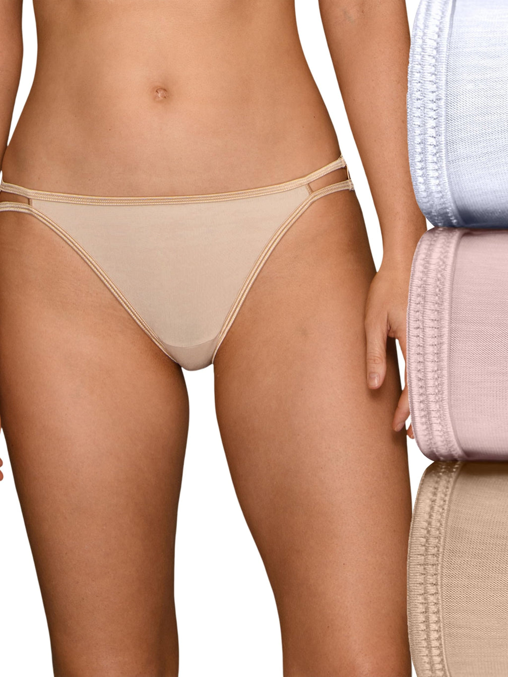 Vanity Fair Womens Illumination String Panties, Silky Stretch & Satin Trim Bikini Style Underwear, 3 Pack - White/Quartz/Beige, 6 US