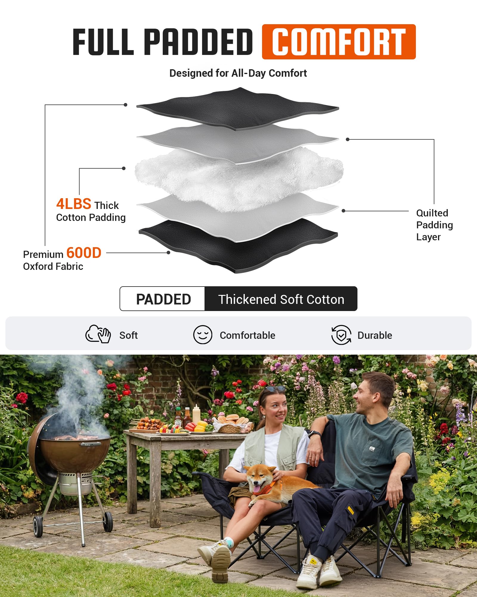 KingCamp Double Camping Chair, Oversized Heavy Duty 660lbs Loveseat for Adults Portable Folding XL 2 Person Couch Padded Comfortable Two Seat with Cup Holder for Outdoor Lawn Backyard, Black