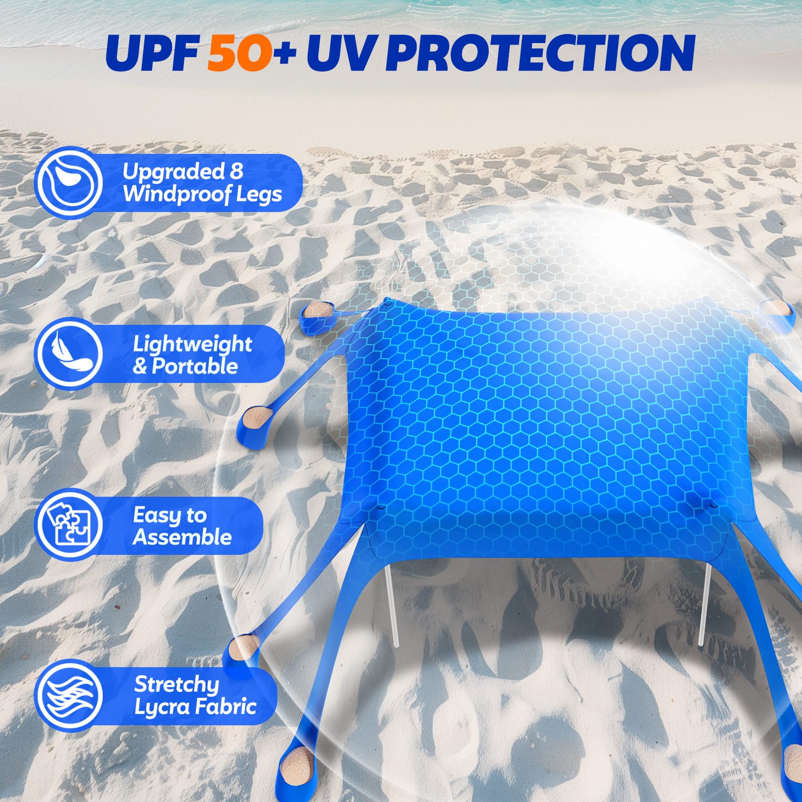 FAHKNS Beach Tent, Camping Sun Shade UPF50+ with 8 Sandbags, Sand Shovel, Ground Spikes and Stabilizer Poles, 10x10ft Beach Sunshade, Beach Tent for Camping, Fishing and Picnicking (Blue)