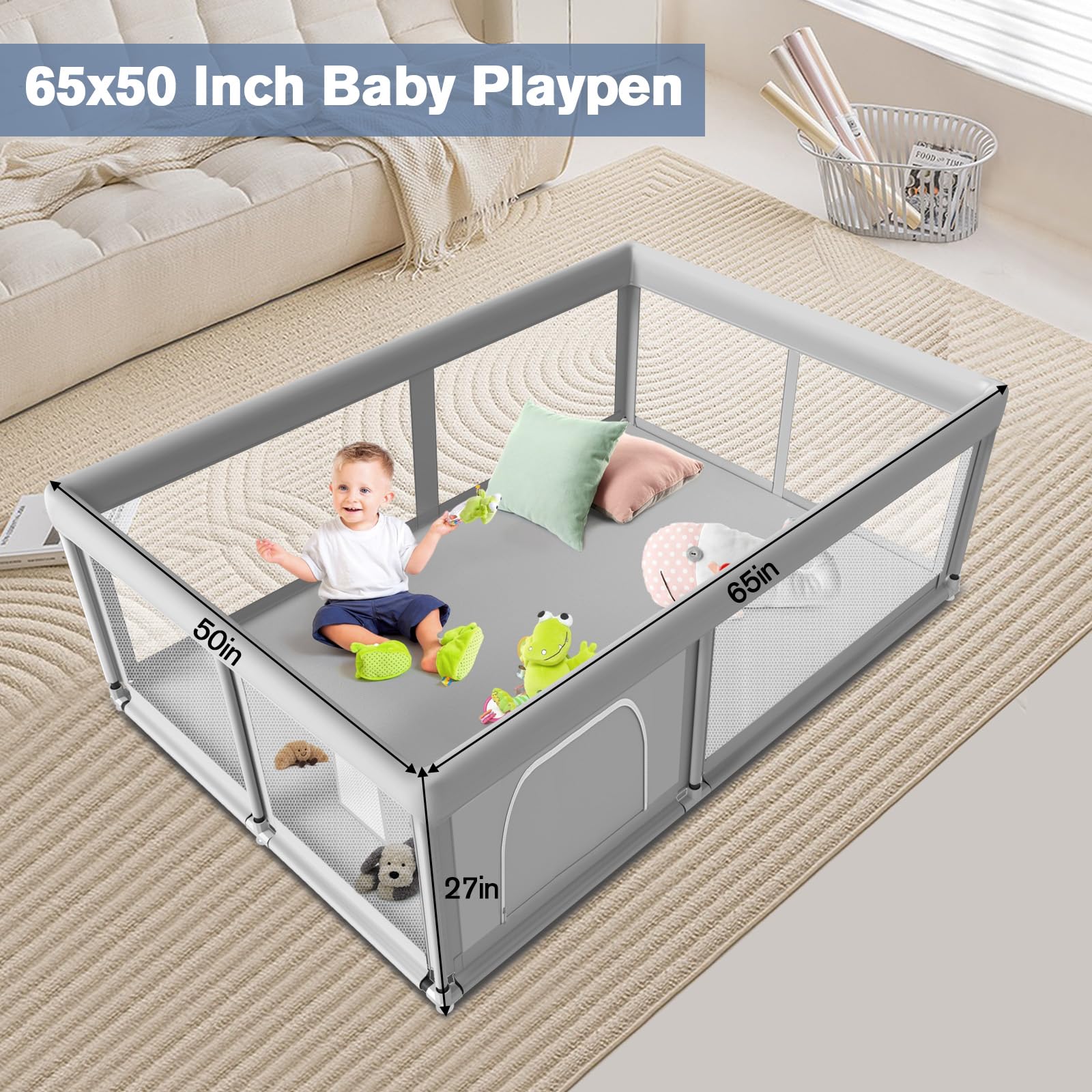65×50 Inches Baby Playpen, Playpen for Babies and Toddlers, Baby Play Yards Indoor & Outdoor, Sturdy Safety Play Pen with Soft Breathable Mesh, Toddlers Activity Center with Anti-Slip Base