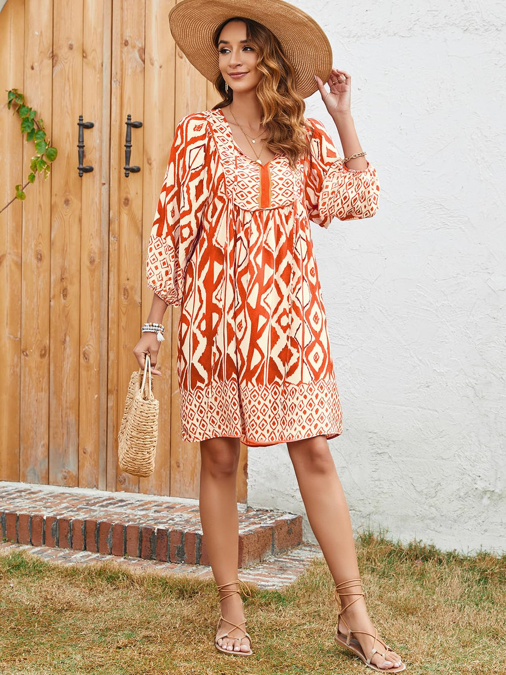 Qearal Loose Dress for Women Spring Summer Cute Floral Dress Casual Boho 3/4 Sleeve Fall Dresses New Orange XL