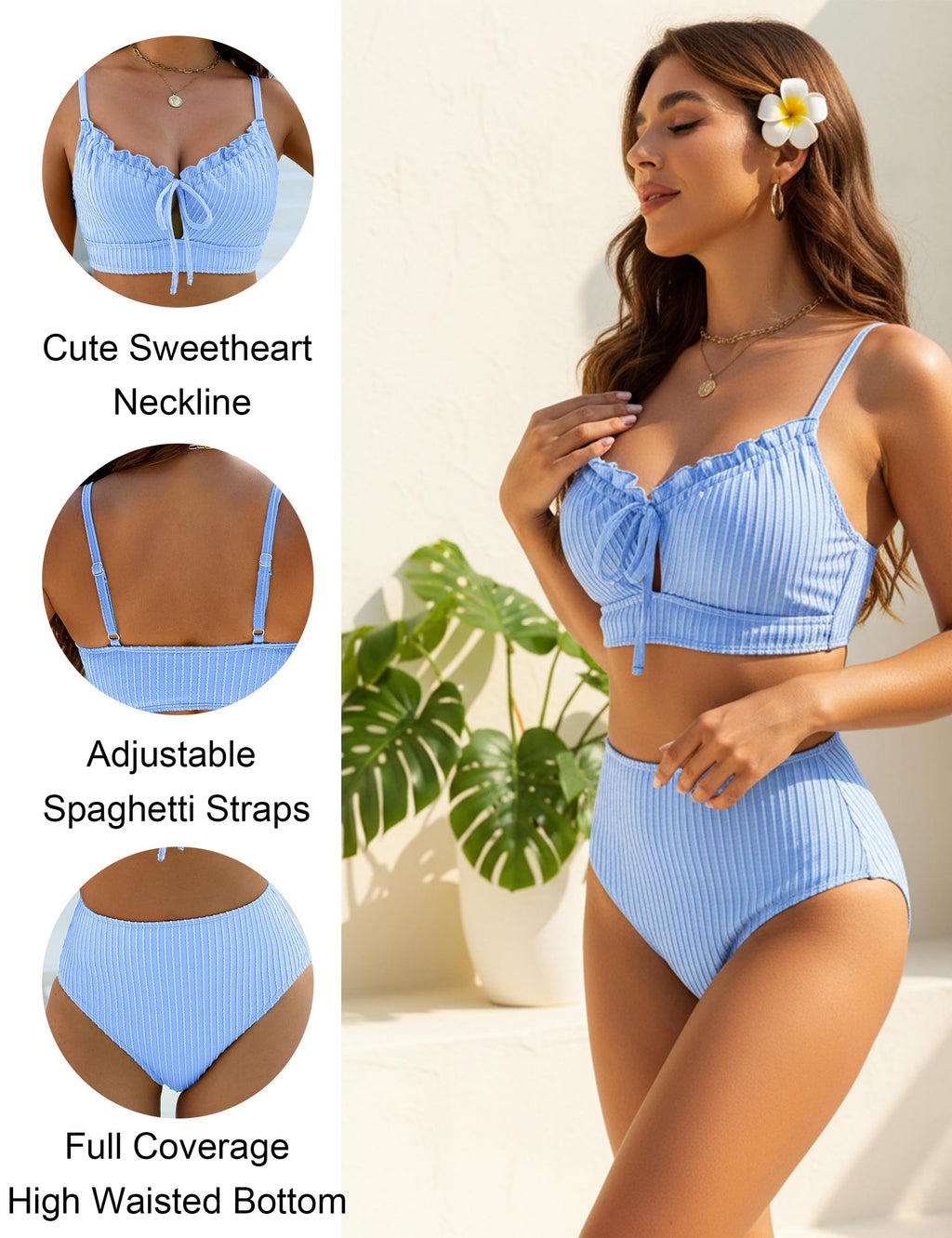 BMJL High Waisted Bikini Sets for Women Textured Tummy Control Swimsuits Two Piece Cutout Beach Swim Bathing Suits(L,Sky Blue)