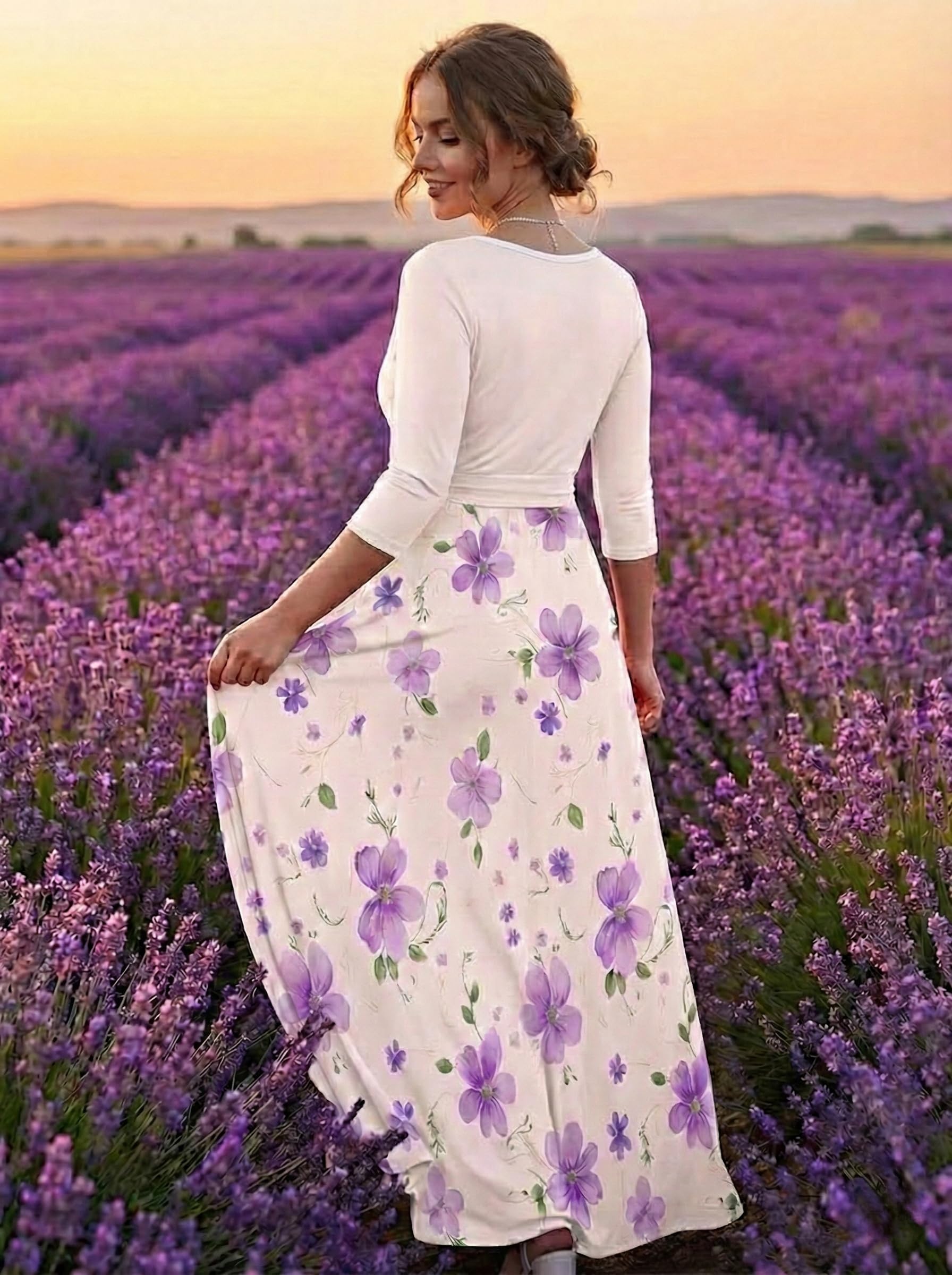 PinkPatty Plus Size Maxi Dress for Women Casual V Neck 3/4 Sleeve Boho Printed Long Dress with Pockets (Floral27 2XL)