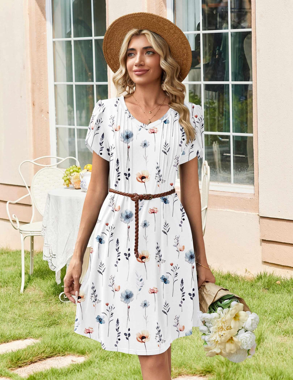 Zeagoo Summer Dresses for Women Floral Dress 2026 Casual Short Dresses Womens Flowy Sundress Spring Dresses Flare, White Floral