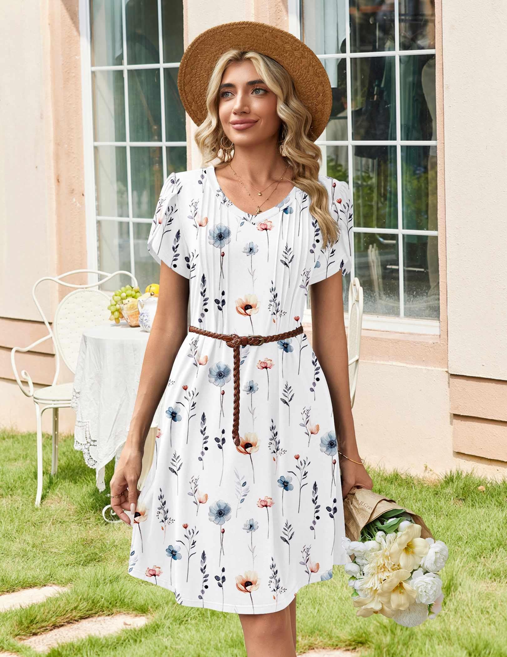 Zeagoo Summer Dresses for Women Floral Dress 2026 Casual Short Dresses Womens Flowy Sundress Spring Dresses Flare, White Floral