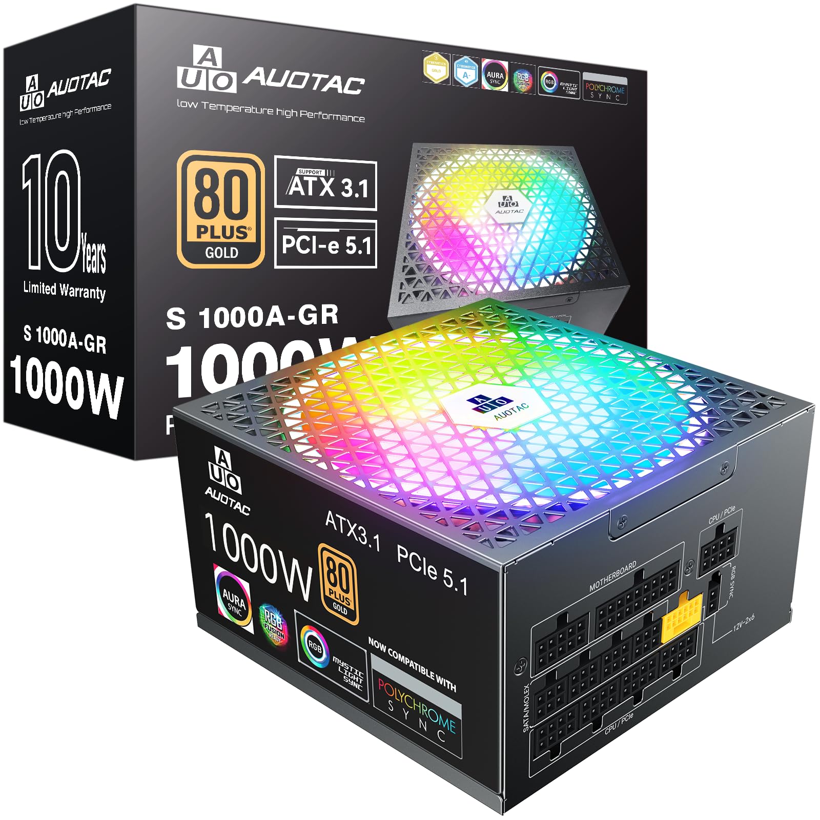 Auotac 1000W Fully Modular Power Supply 80+ Gold Certified with 12V-2x6 Cable – ATX 3.1 & PCIe 5.1 Compliant, 140mm RGB Low-Noise Smart Fan, 105℃-Rated Capacitors, Black