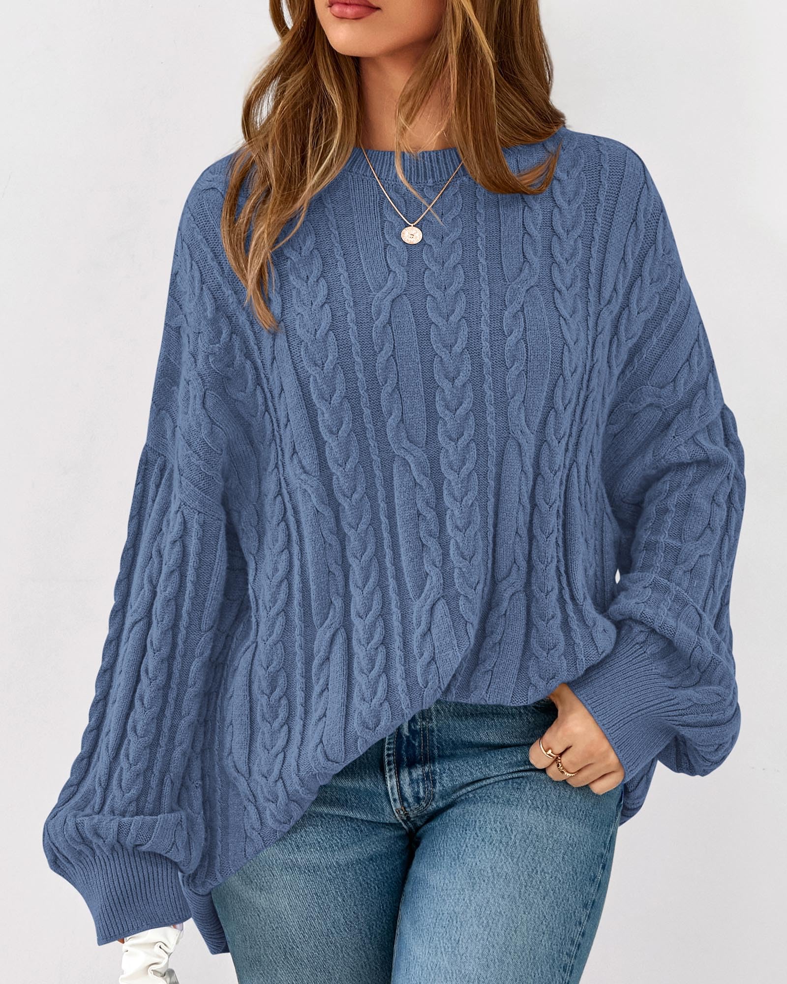 KIRUNDO Oversized Chunky Cable Knit Sweater Women 2026 Fall Fashion Cozy Long Sleeve Crewneck Pullover Winter Clothing(Blue, Medium)