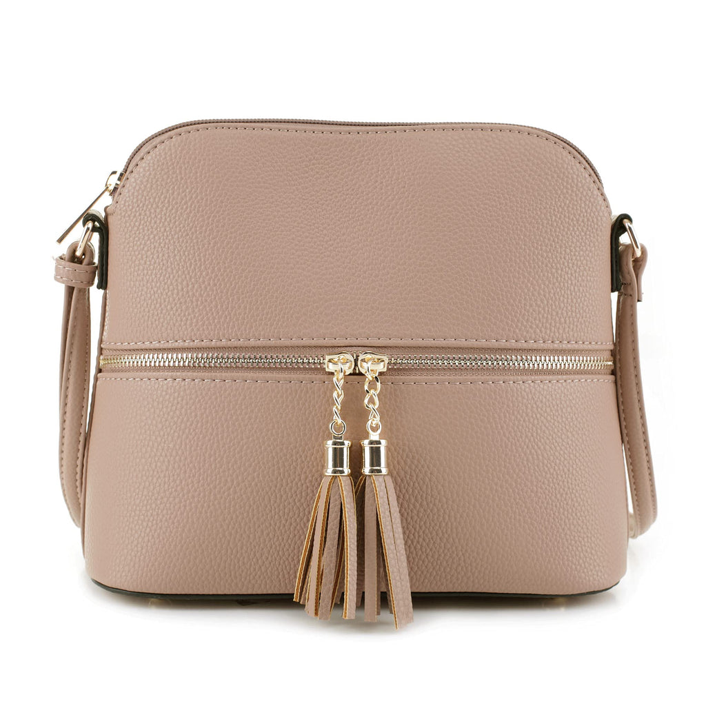 SG SUGU Lunar Lightweight Medium Dome Crossbody Bag Shoulder Bag with Double Tassels | Zipper Pocket | Adjustable Strap|Beige