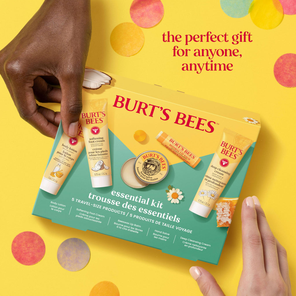 Burt's Bees Valentine's Day Gift Ideas - Essentials Everyday Set, 5 Travel Size Products - Deep Cleansing Cream, Hand Salve, Body Lotion, Foot Cream and Original Lip Balm