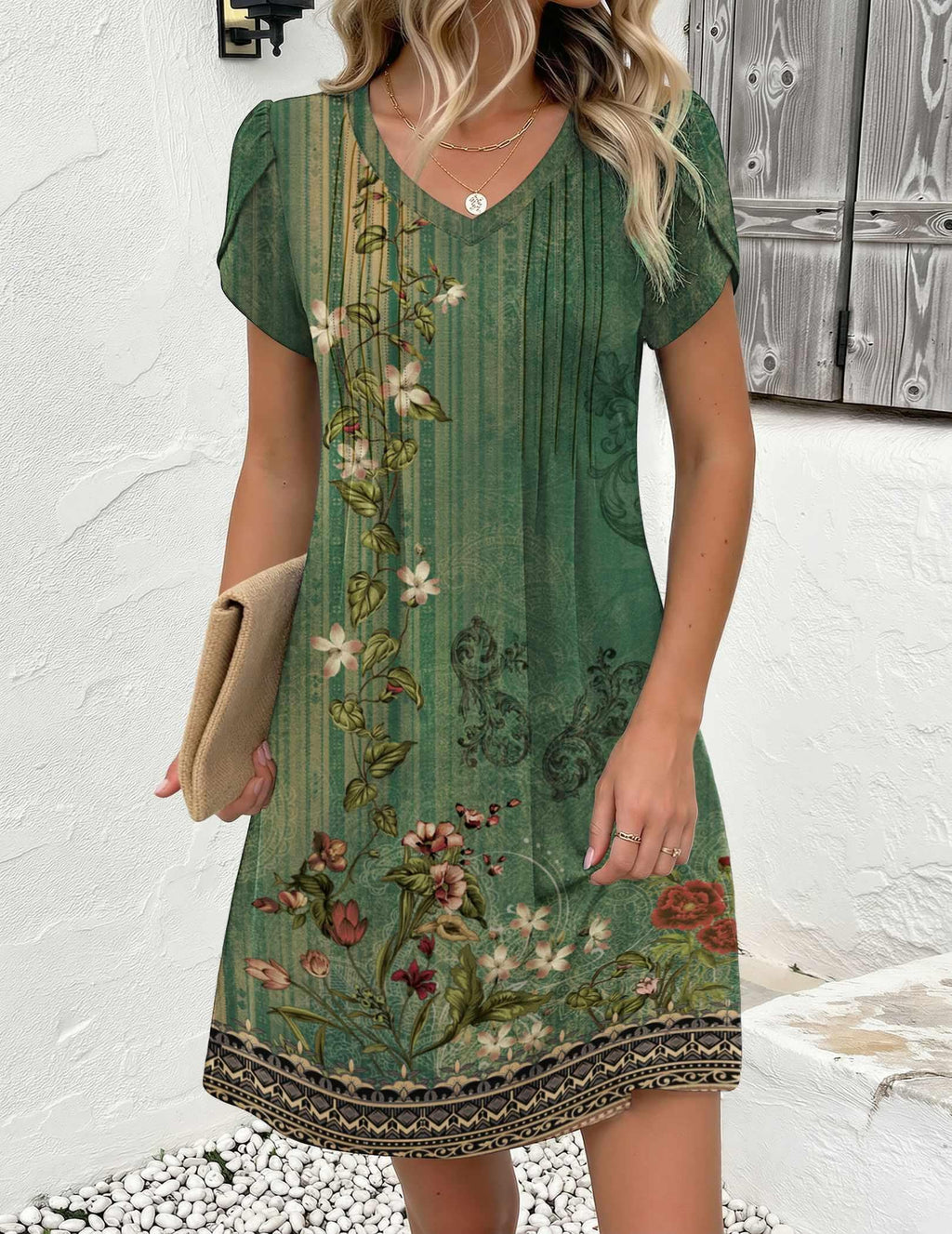 Zeagoo Floral Dresses for Women Casual Summer Dresses Fit and Flare Dress Loose Fit A Line Dress Boho Sundress, Green Floral 01