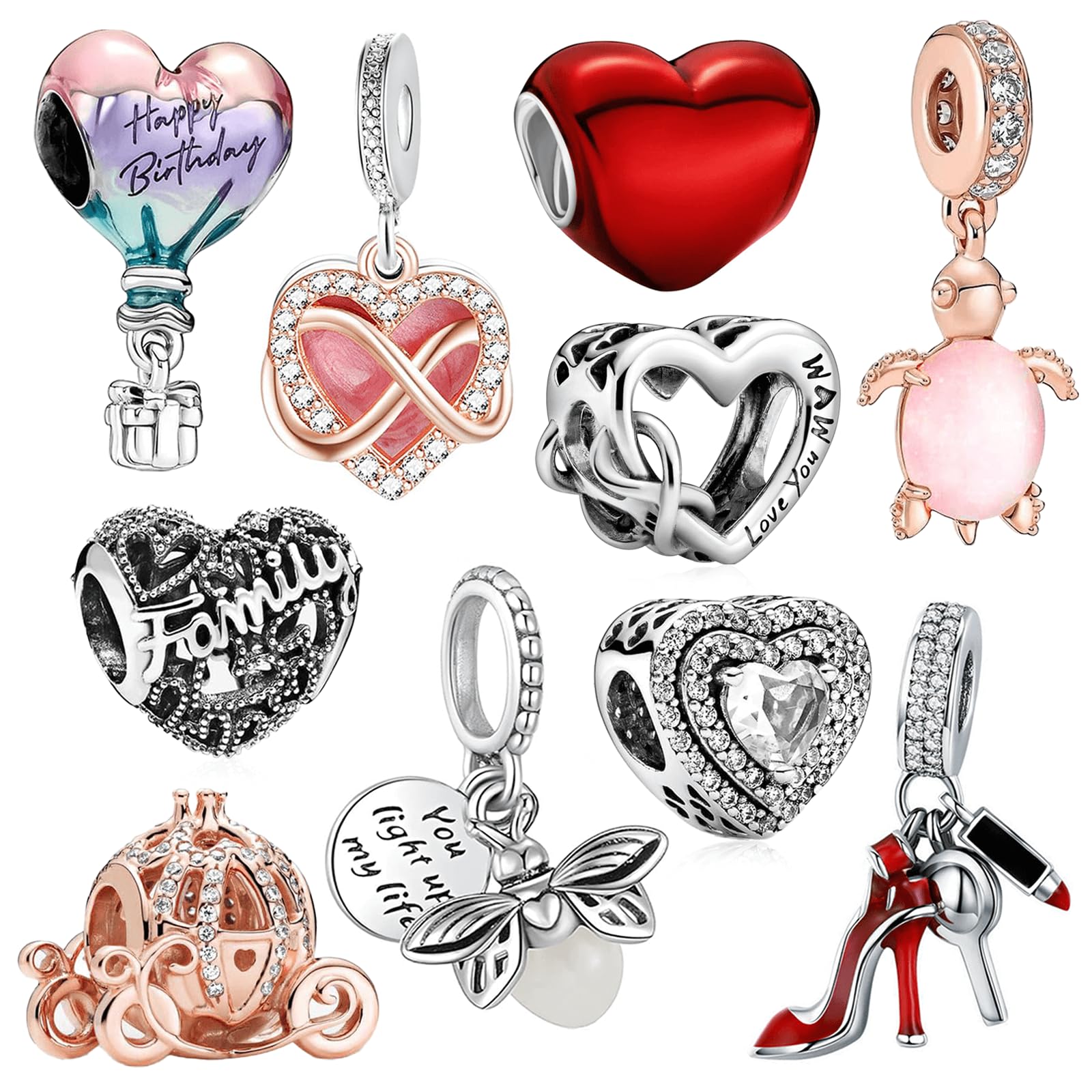 WANIUS 10 Pack Silver Charms for Pandora Bracelets and Necklaces Charms for Women CZ Pendant Jewelry Charm Set (Style 02)