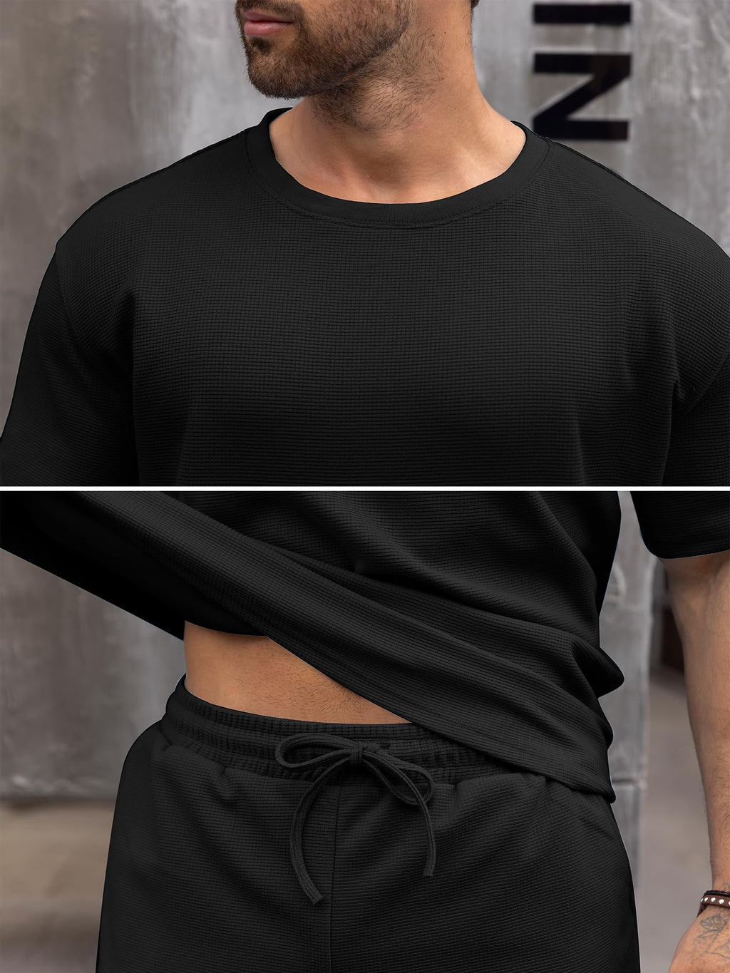 Babioboa Men's Casual set Tee TShirt Suit 2 pockets two piece outfit Homewear Summer oversize Tracksuit for men(Black,S)