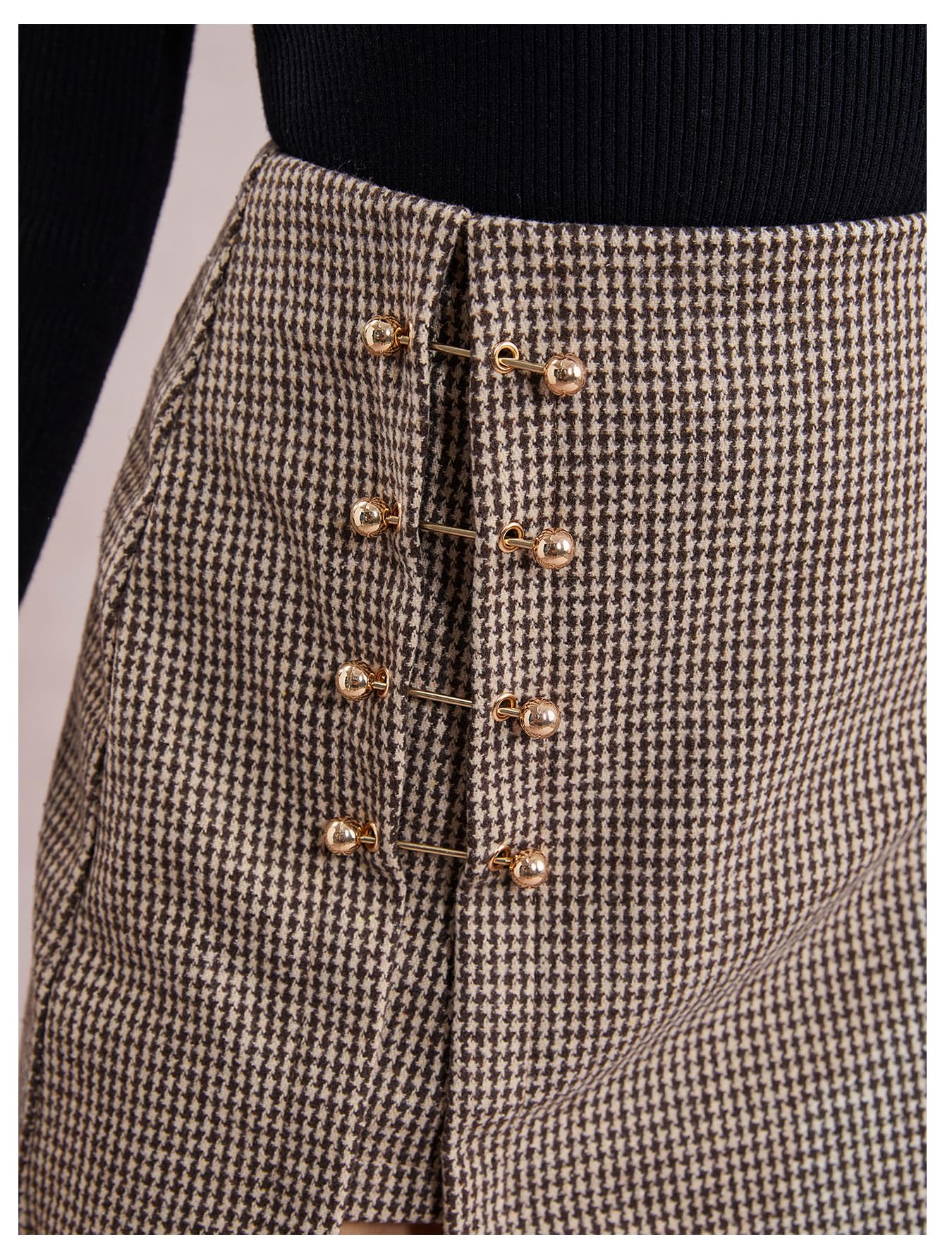 WDIRARA Women's Side Slit Metallic Trim High Waisted Faux Leather Short Skirts Brown Plaid Medium