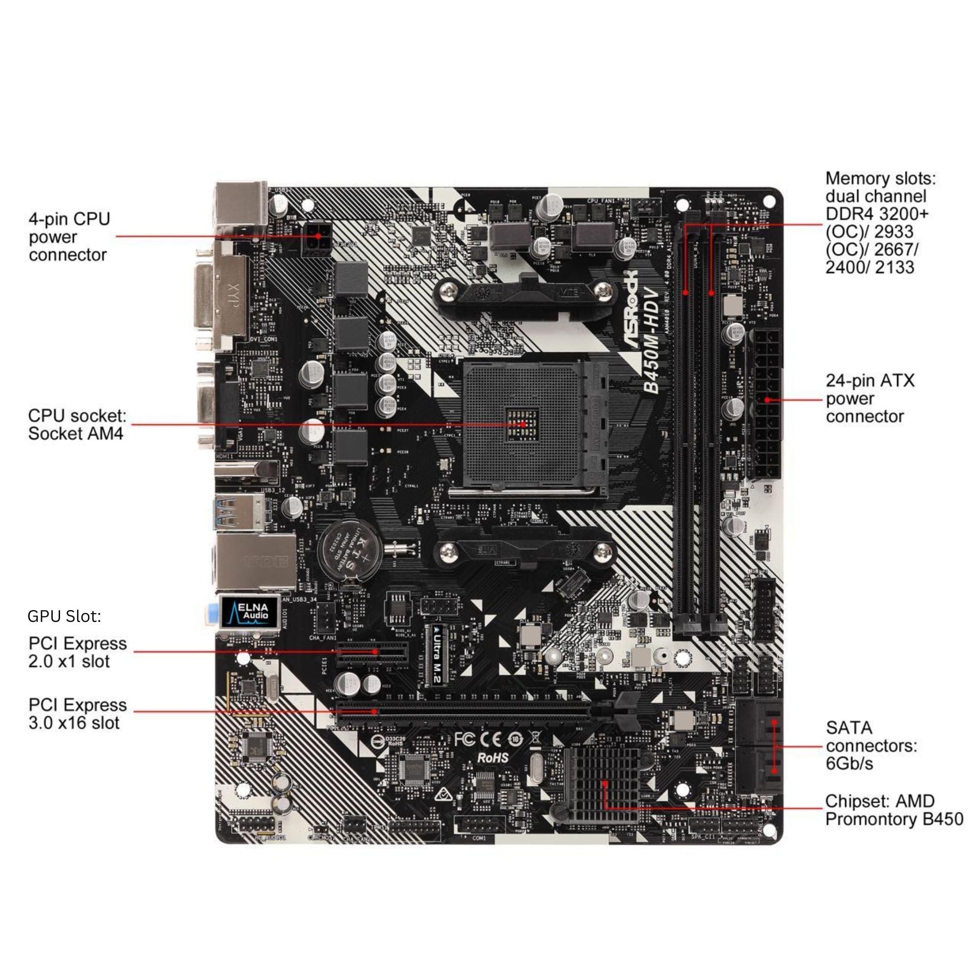 B450M-HDV R4.0 AMD B450 AM4 Socket Ryzen 2000 - 5000 Processors DDR4 3200 64GB HDMI DVI-D D-Sub Motherboard SATA 6Gb/s Micro ATX M.2