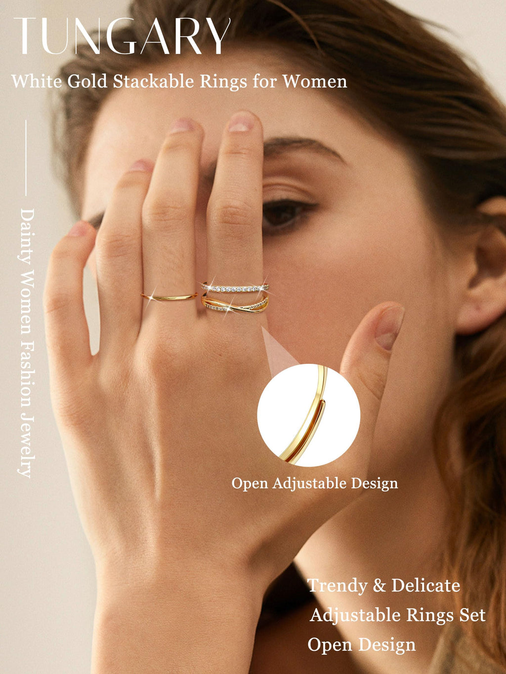 Tungary Gold Stackable Rings for Women Non Tarnish Open Adjustable Thin Thumb Rings 14K Gold Plated Stacking Cubic Zirconia Knuckle Pinky Ring Set Dainty Statement Promise Wedding Band Ring for Women