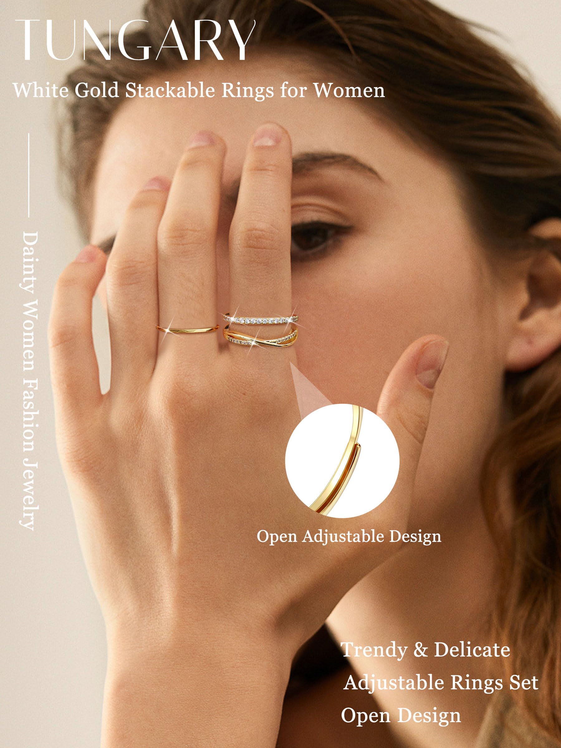 Tungary Gold Stackable Rings for Women Non Tarnish Open Adjustable Thin Thumb Rings 14K Gold Plated Stacking Cubic Zirconia Knuckle Pinky Ring Set Dainty Statement Promise Wedding Band Ring for Women