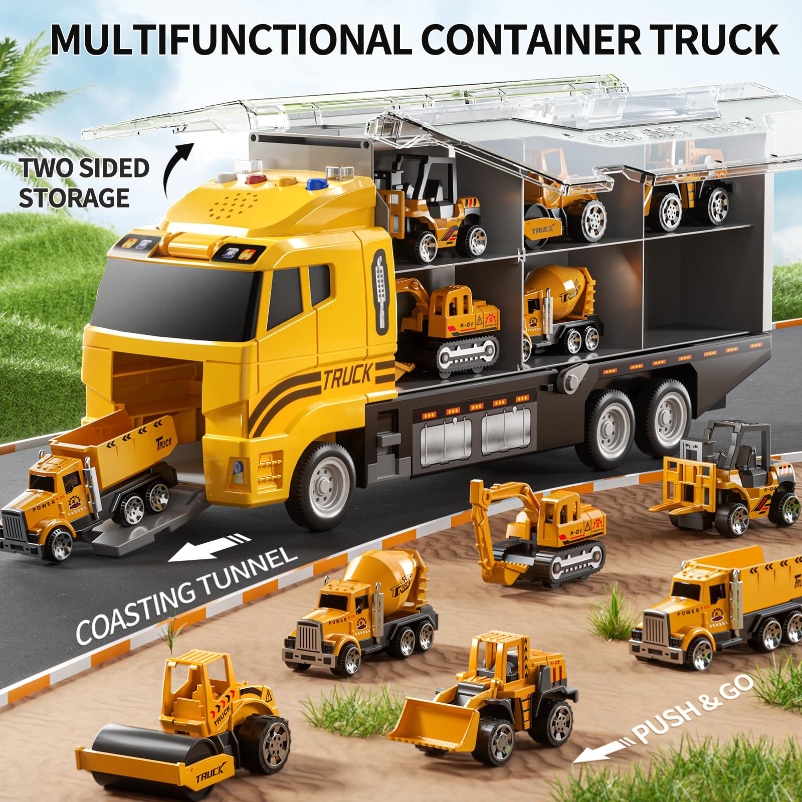 NIPLOOOW Toddler Boys Construction Truck Vehicle Toy Set with Play Mat and Die-Cast Toy Car, Transport Carrier Truck for Kids 3-5, Birthday Gifts Toys for 3-8 Year Old Boys