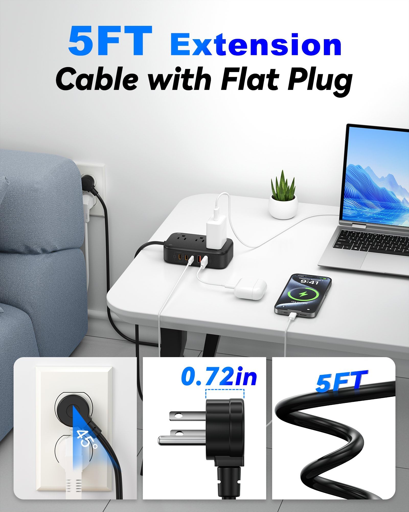 Power Strip with USB C Ports, 30W USB C Charging Station with 2 Outlets 3 USB C & 2 USB A, Travel Charger for Multiple Devices, 5FT Flat Extension Cord Non Surge Protector for Cruise Ship Travel Home
