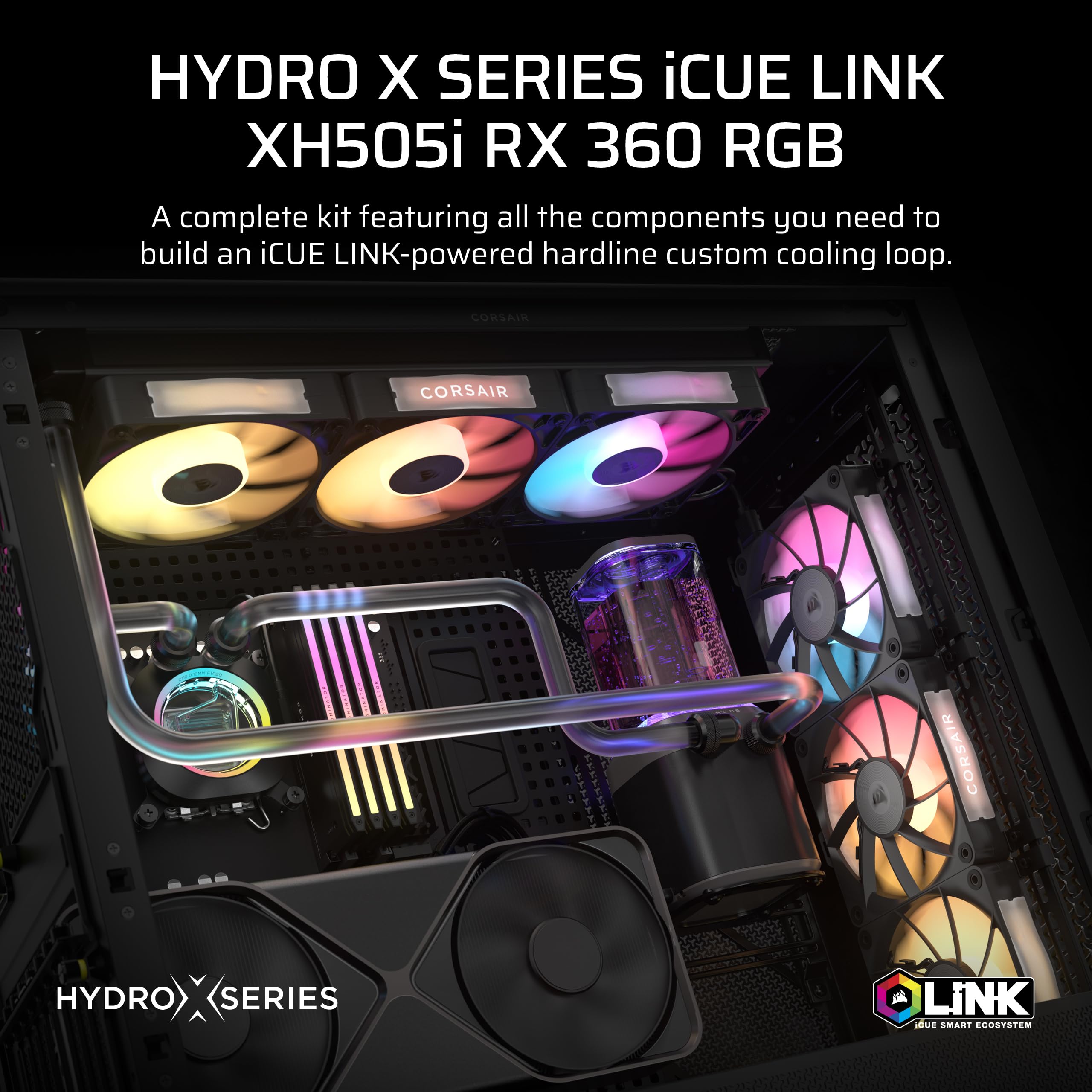 CORSAIR XH505i RX 360 RGB Custom Cooling Kit – XC7 CPU Water Block, XD6 Pump Reservoir, 3X RX120 RGB Fans, XR5 360mm Radiator, System Hub Included – Black