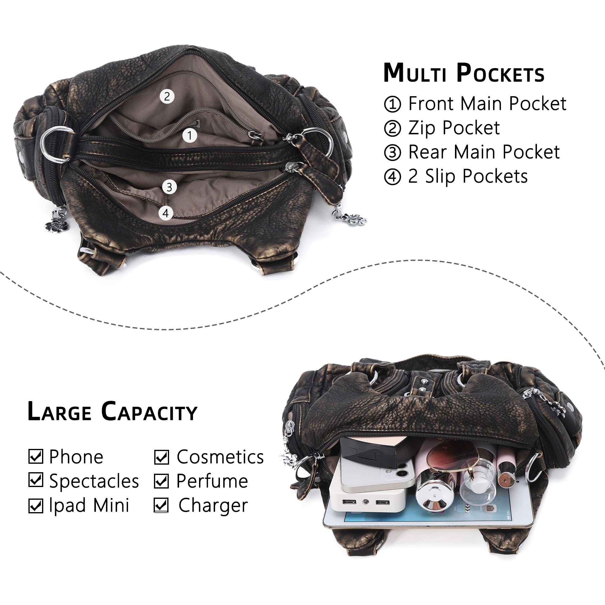 Angel Kiss Purses for Women Small Hobo Shoulder Bags Vagen Leather Multi-Pocket Tote Bag with Zipper (Bronze)