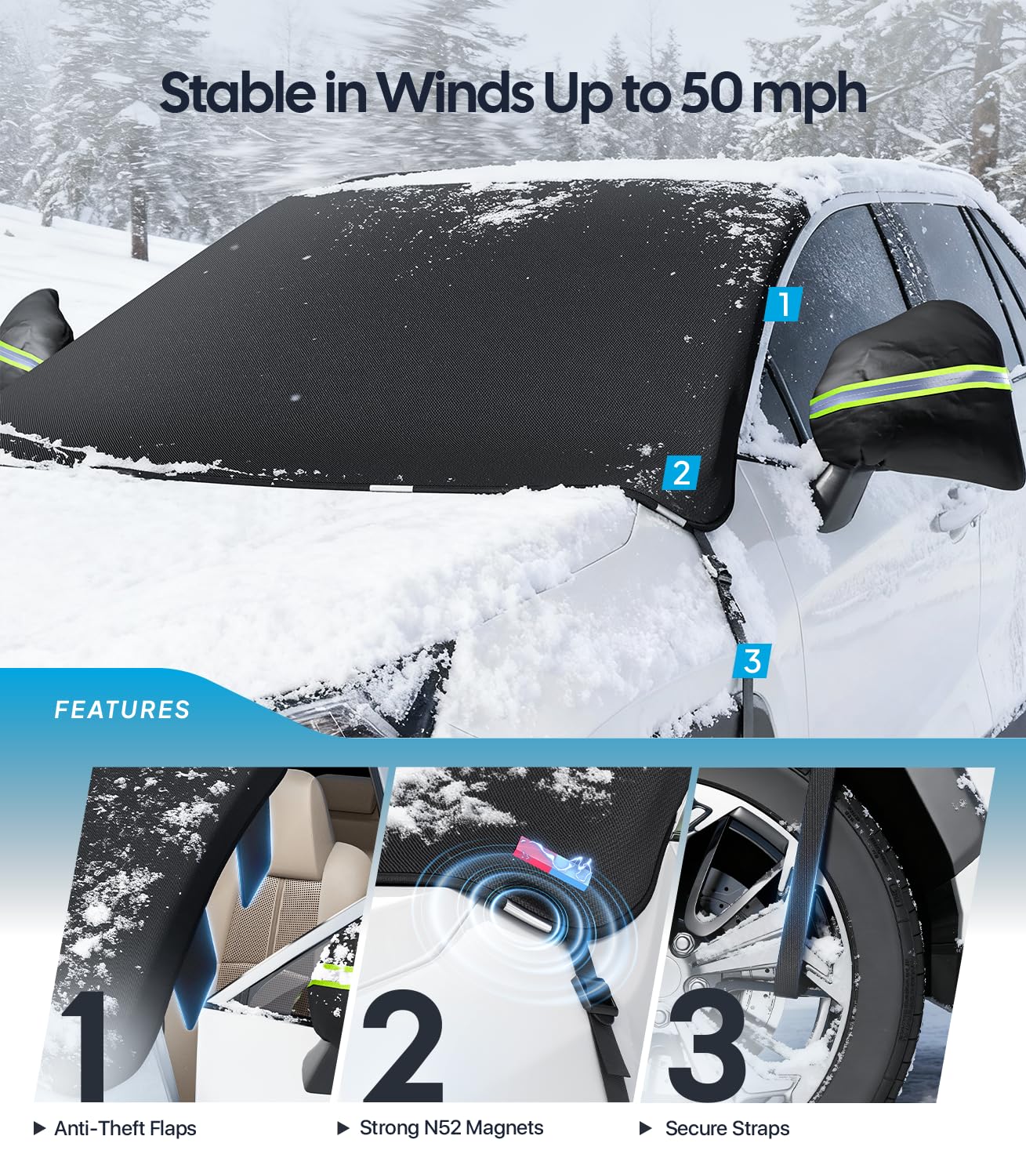 Wigoo 2026 Upgrade Car Windshield Cover for Ice and Snow, Windshield Snow Cover for Winter Snow & Frost – 600D Heavy Magnetic Anti-Hail Protector for Winter Weather, Fits Large SUVs & Trucks, X-Large