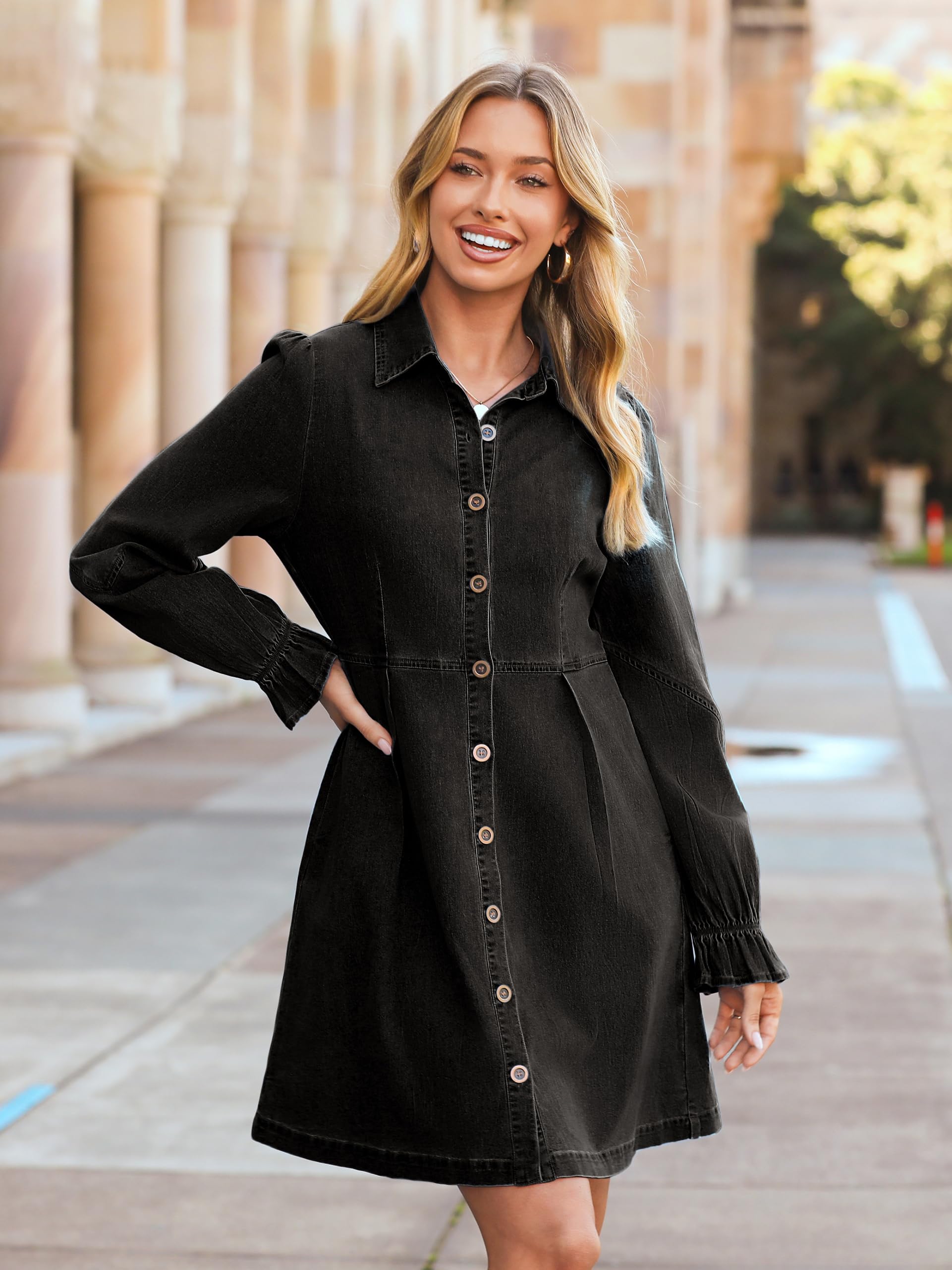 Simplee Womens Long Sleeve Black Denim Dress Casual V Neck Cotton Shirt Distressed Western Short Jean Dresses with Pockets(Denim Black L)