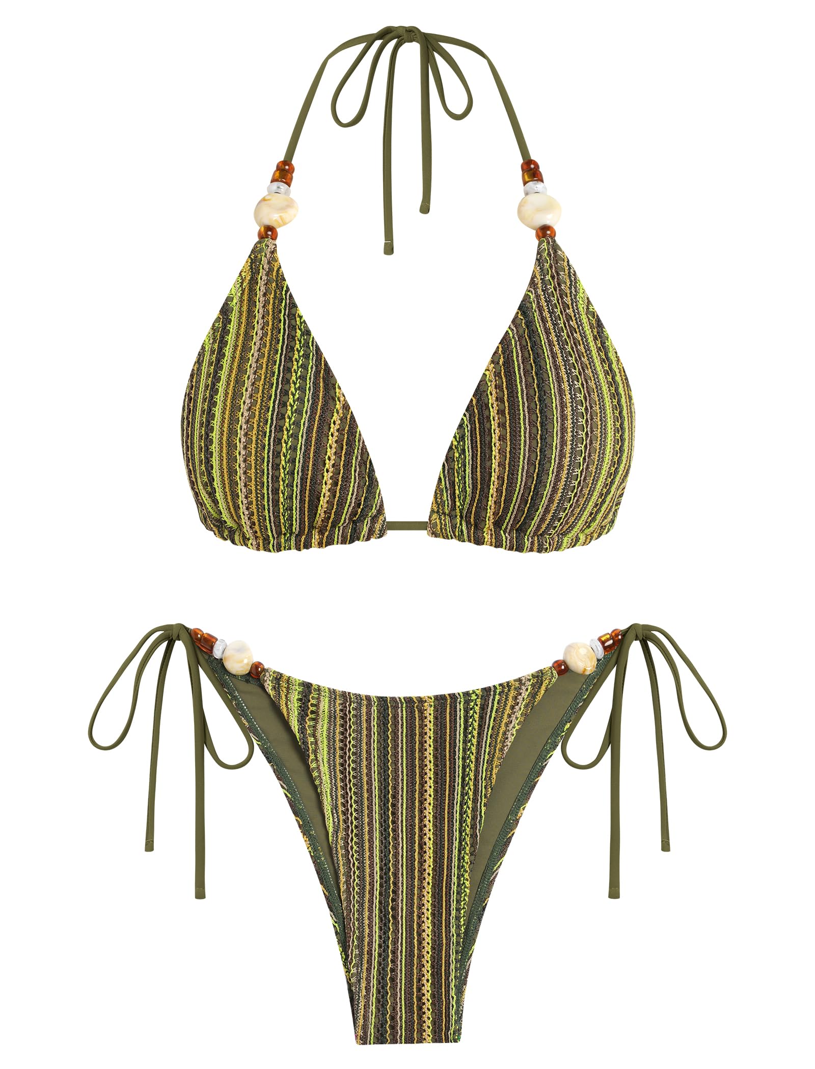 ZAFUL Bikini Sets for Women Sexy Two Piece Swimsuits High Cut Cheeky Thong Bathing Suit Beads Striped Halter Triangle Swimsuit Push Up Bikini Top with Low Rise Bottoms Retro Swimwear 2026 Amy Green S