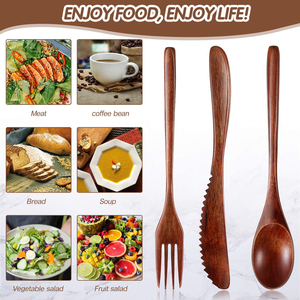 Geiserailie 12 Pcs Wooden Utensils for Eating Wooden Spoon Fork Knife Cutlery Set Kitchen Wood Dinner Flatware Tableware Set Includes Spoon, Fork, Knife