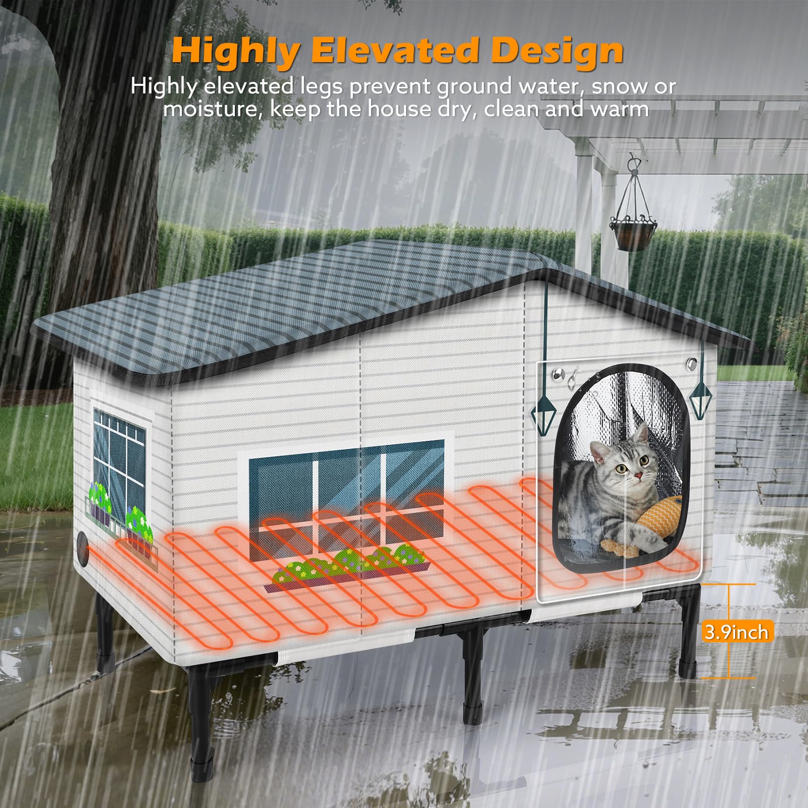 GASUR Weatherproof Heated Cat House for Outside Cats, Outdoor Cat House with Cats Heated Pad for Winter, Insulated Heating Cat Houses, Elevated Safe Feral Cat Houses Heat Cat Shelter (20"x17"x16")