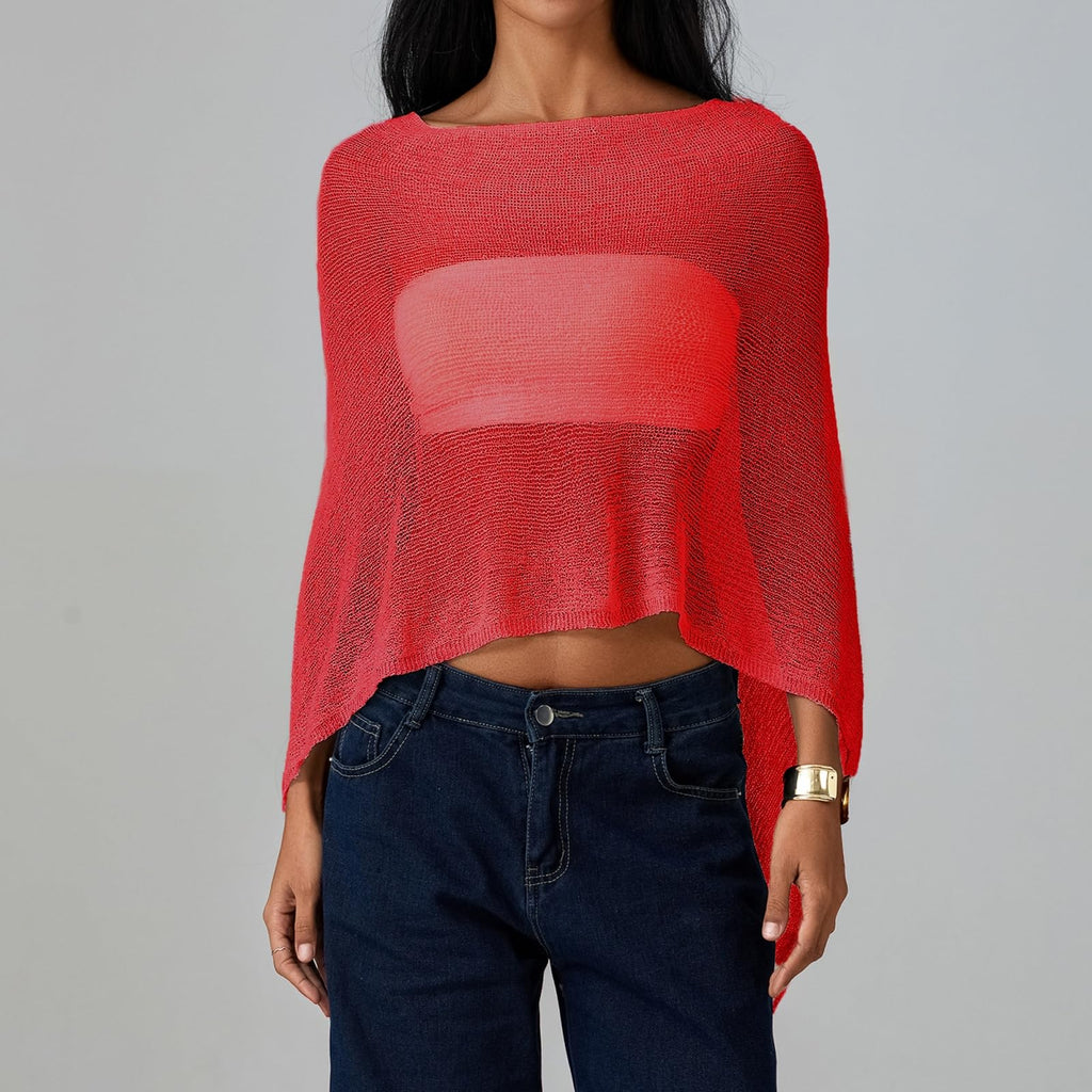 Women Sheer Poncho Top Lightweight Knit Crochet Shrug Bolero Mesh Batwing Sleeve Sweater Cover Up Beachwear