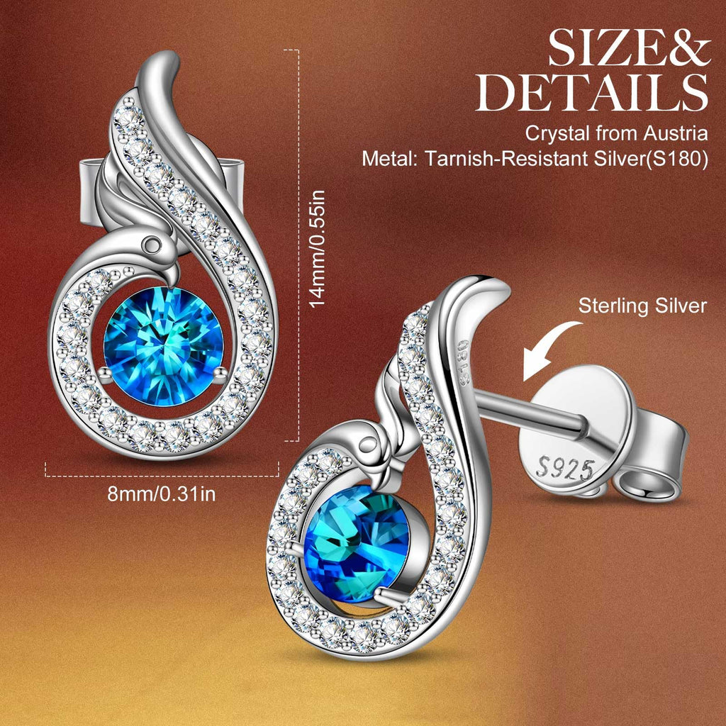 Kate Lynn Phoenix Earrings 925 Sterling Silver Stud Earrings for Women, Blue Crystal Earrings, Birthday Gifts for Women Wife Christmas Mothers Day Gifts for Mom Daughter