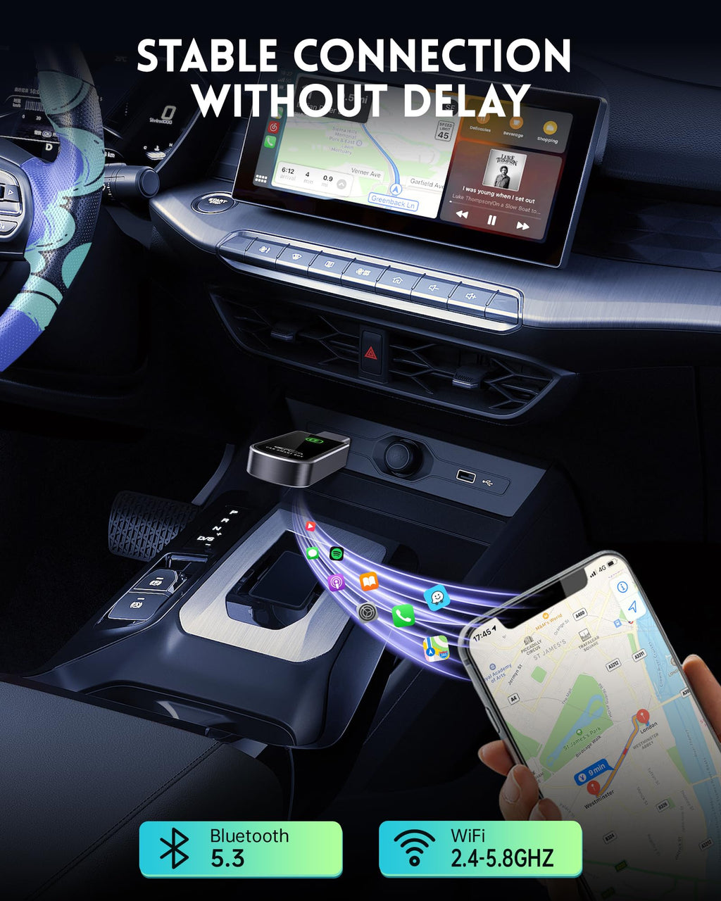 Amzfeel Wireless CarPlay Adapter for Apple iPhone iOS 10+ & Cars from 2015+, Mini Edition, Converts Factory Wired to Wireless CarPlay Dongle Plug & Play (Brushed Cobalt Blue)