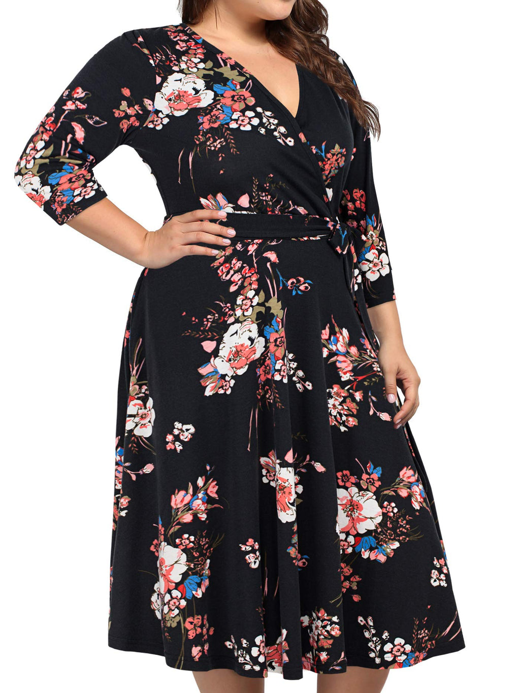 kissmay Plus Size Dresses for Women, Womens Dresses for Wedding Guest Christmas Ruffle Floral Midi Dresses Black Burgundy 22 Plus
