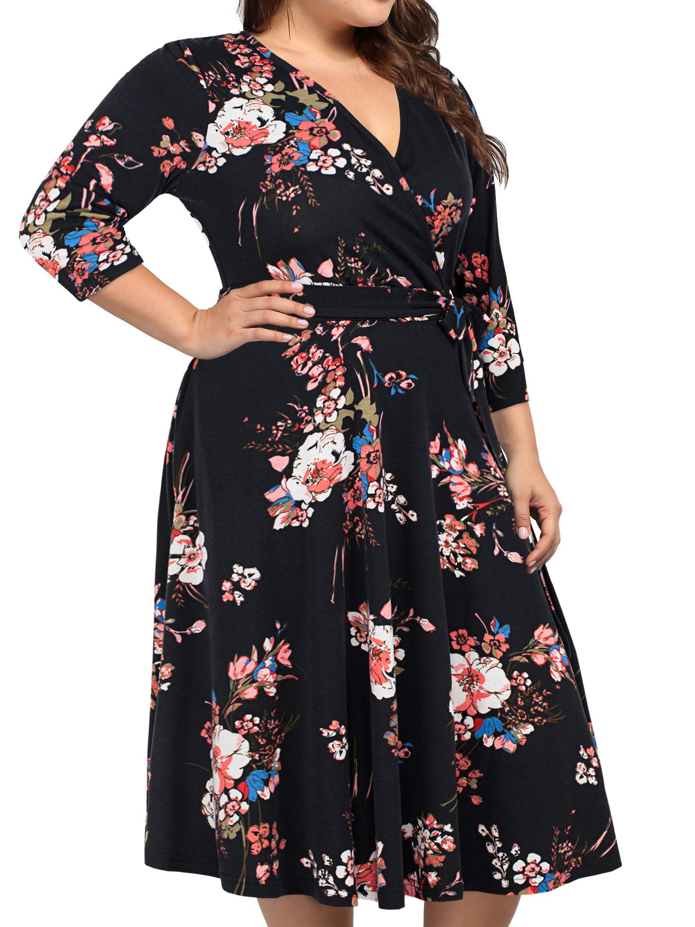 kissmay Plus Size Dresses for Women, Womens Dresses for Wedding Guest Christmas Ruffle Floral Midi Dresses Black Burgundy 22 Plus