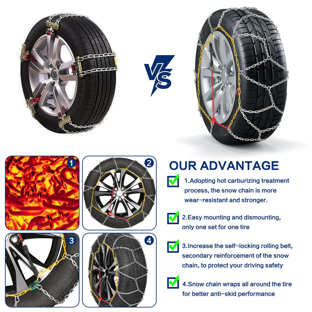 COCO BIRD Snow Chains, Wear-Resistant High Carbon Steel Anti Slip Tire Chain for Passenger Cars, Pickups, and SUVs, Set of 2 (KN130)
