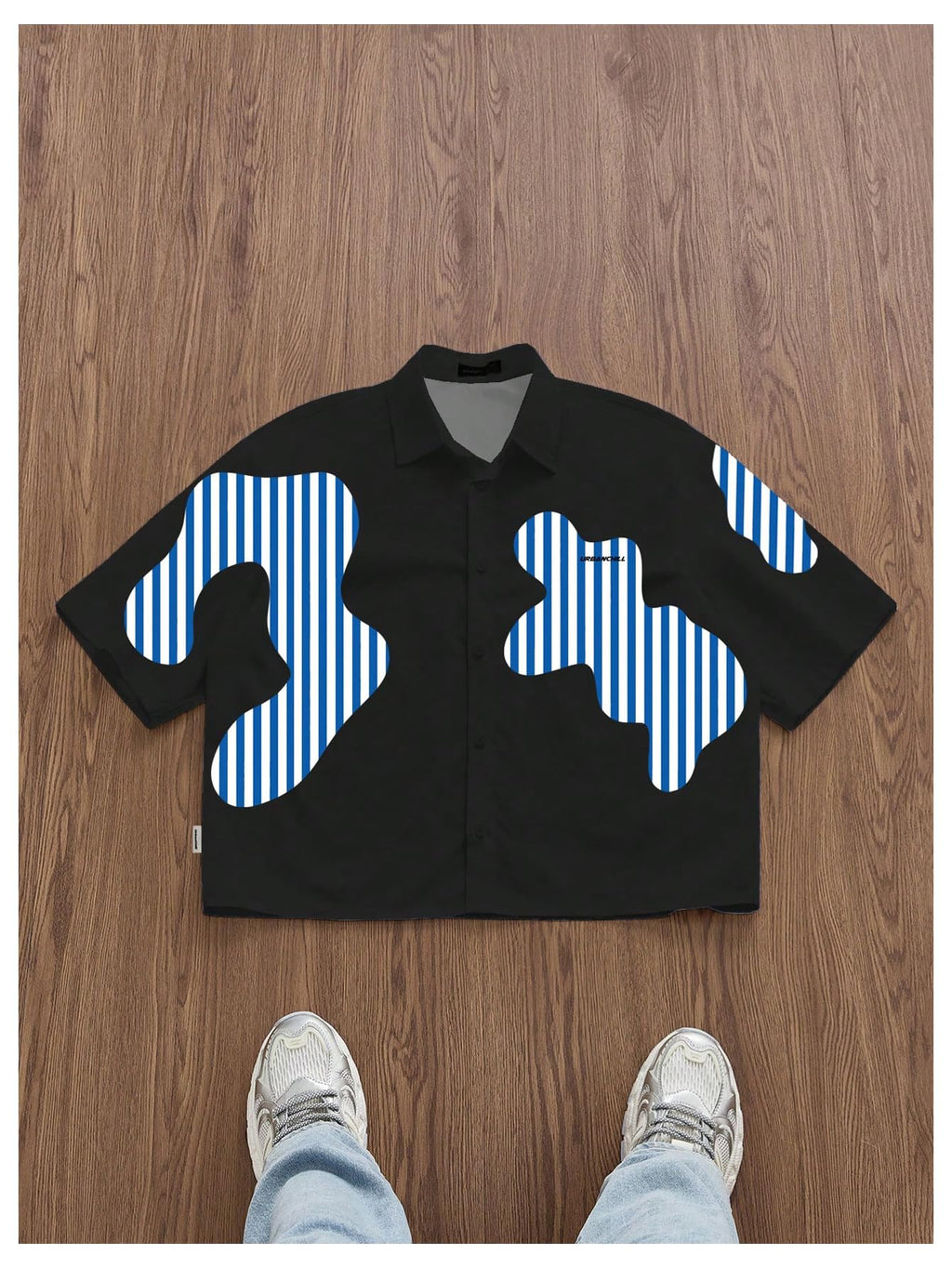 GORGLITTER Men's Boxy Cropped Shirt Button Down Short Sleeve Color Block Y2K Cool Streetwear Crop Tops Tee Black and Blue Small