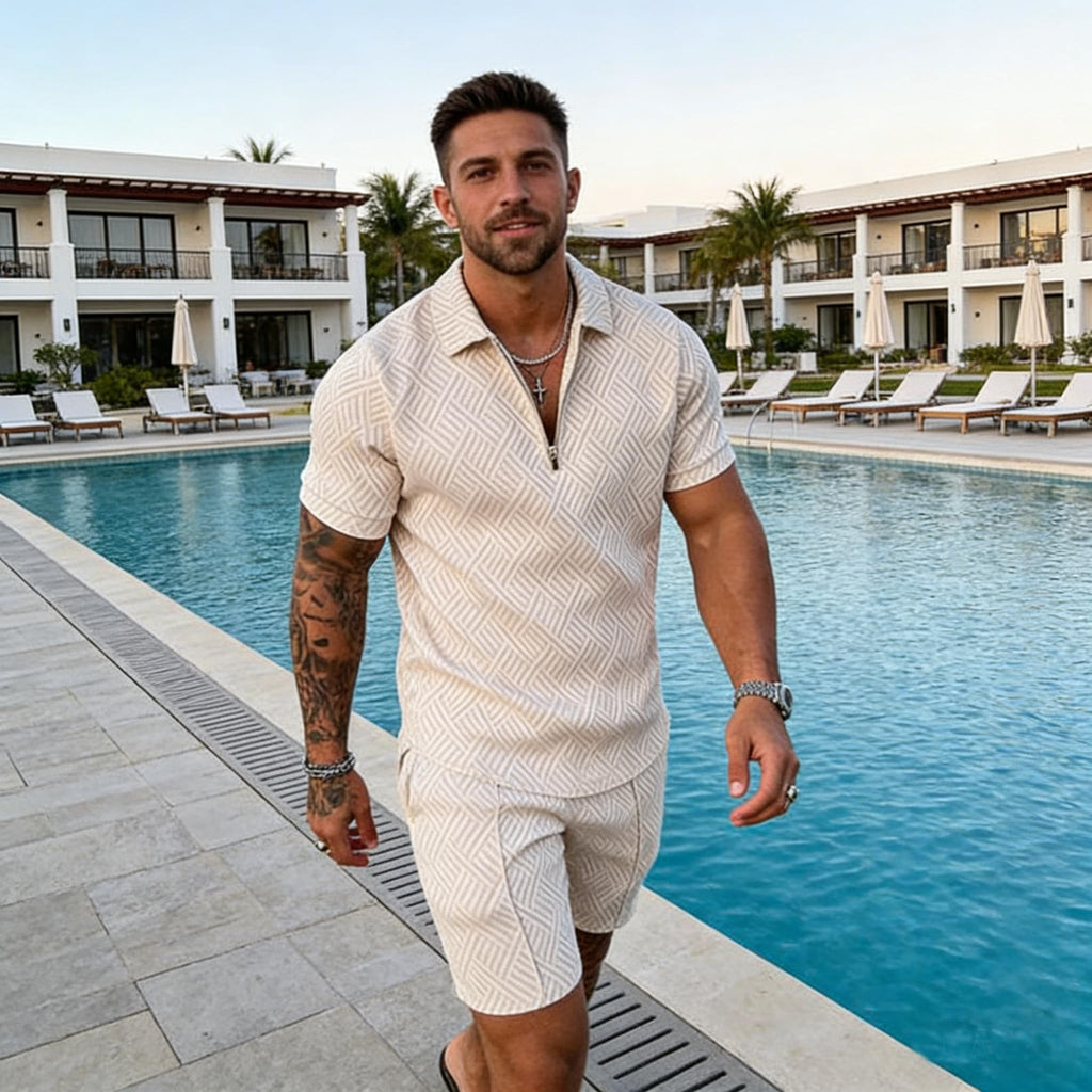 BIRW Size L Beige Mens Short Sets 2 Piece Outfits Polo Shirt Fashion Summer Tracksuits Casual Set Short Sleeve and Shorts Set for Men