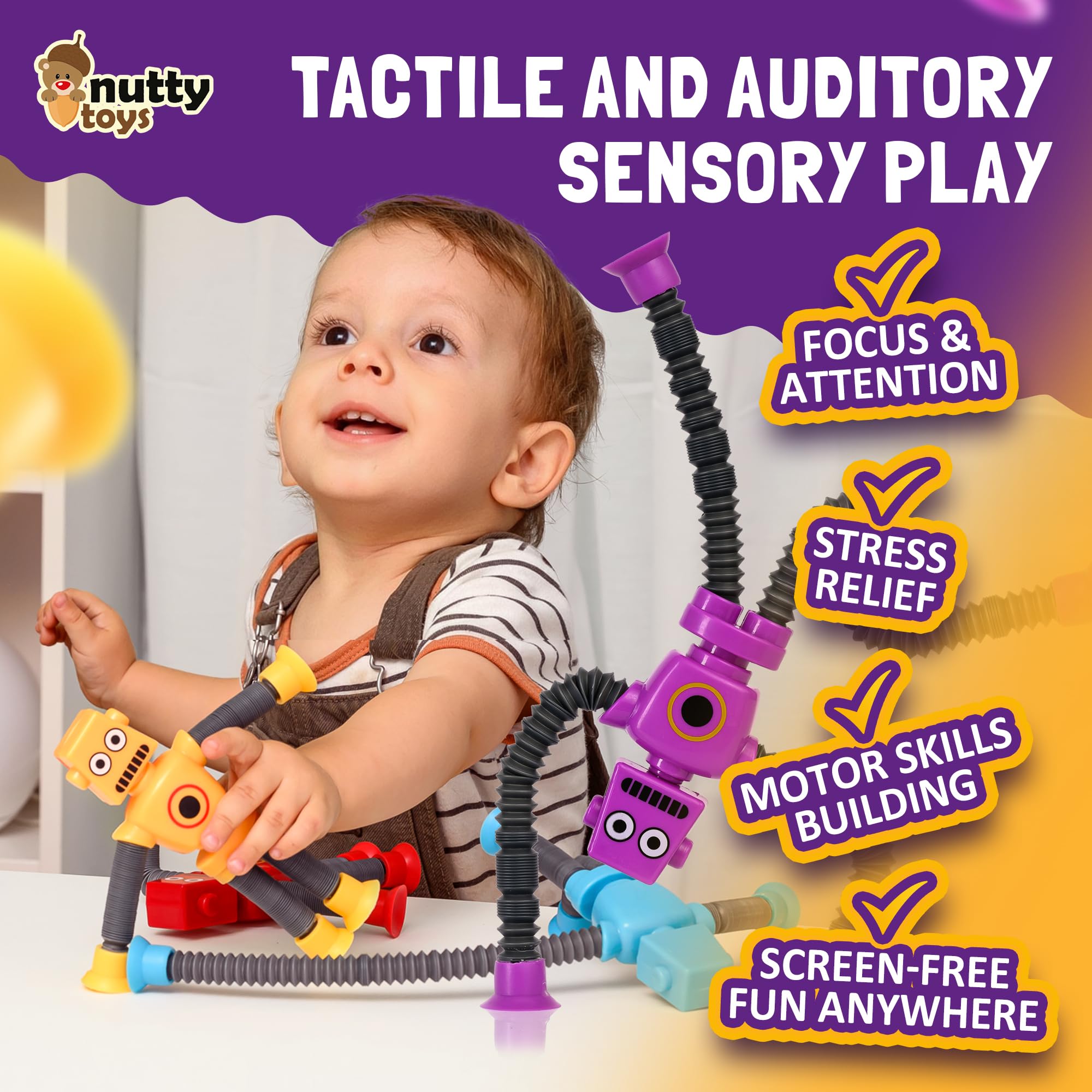 nutty toys Sensory Robot Toys 4pk - Top Pop Tubes Fidget 2026 for ADHD & Autism Ages 3 4 5 6 7 8 9 10 11 12, Best Kids Travel Idea, Unique Easter & Valentines Day Toddler, Tween, Girl & Boy Gifts