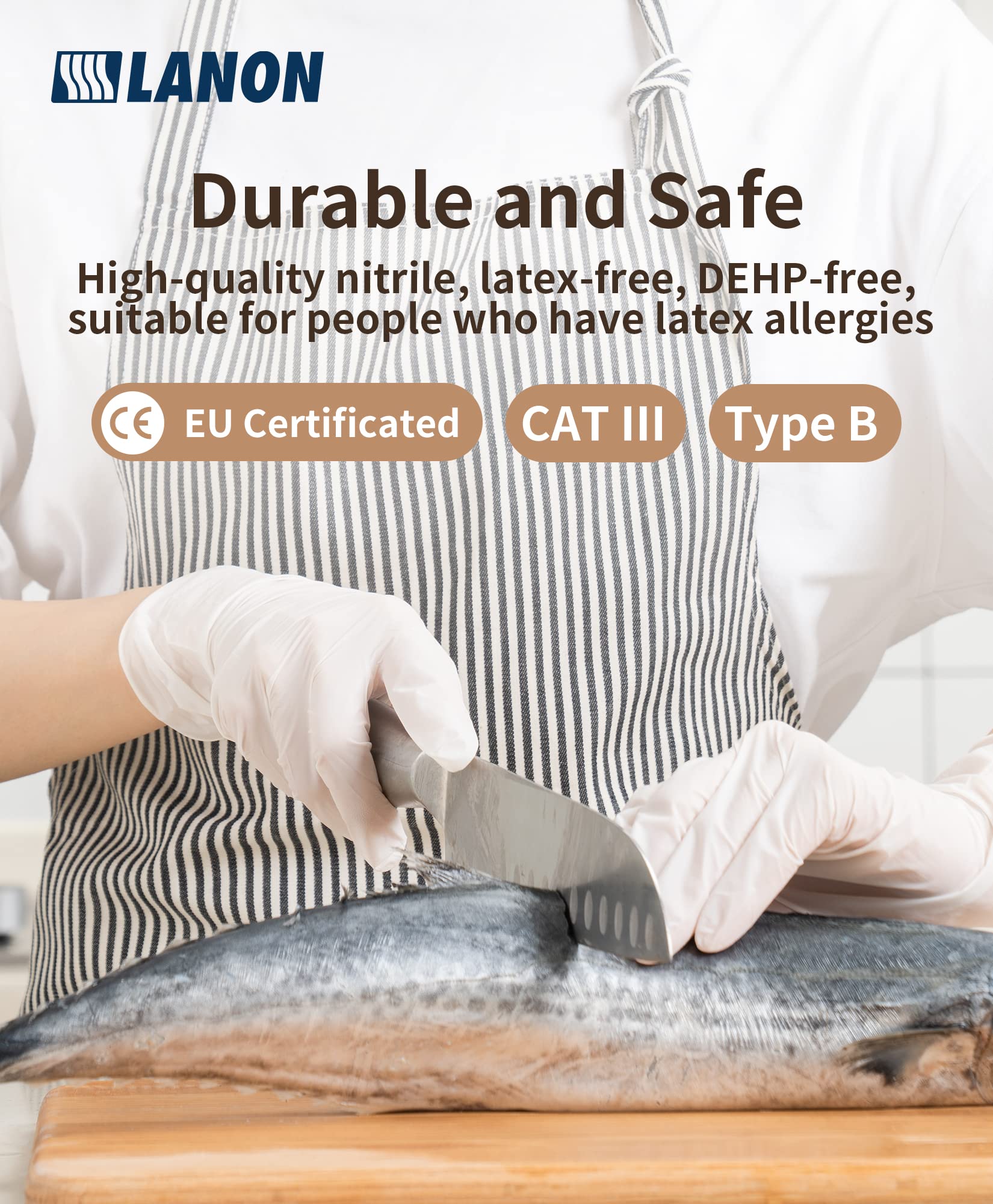 LANON Food Safe White Disposable Nitrile Gloves, Latex-Free, Powder-Free, Textured Fingertips, Cooking, Cleaning, Large