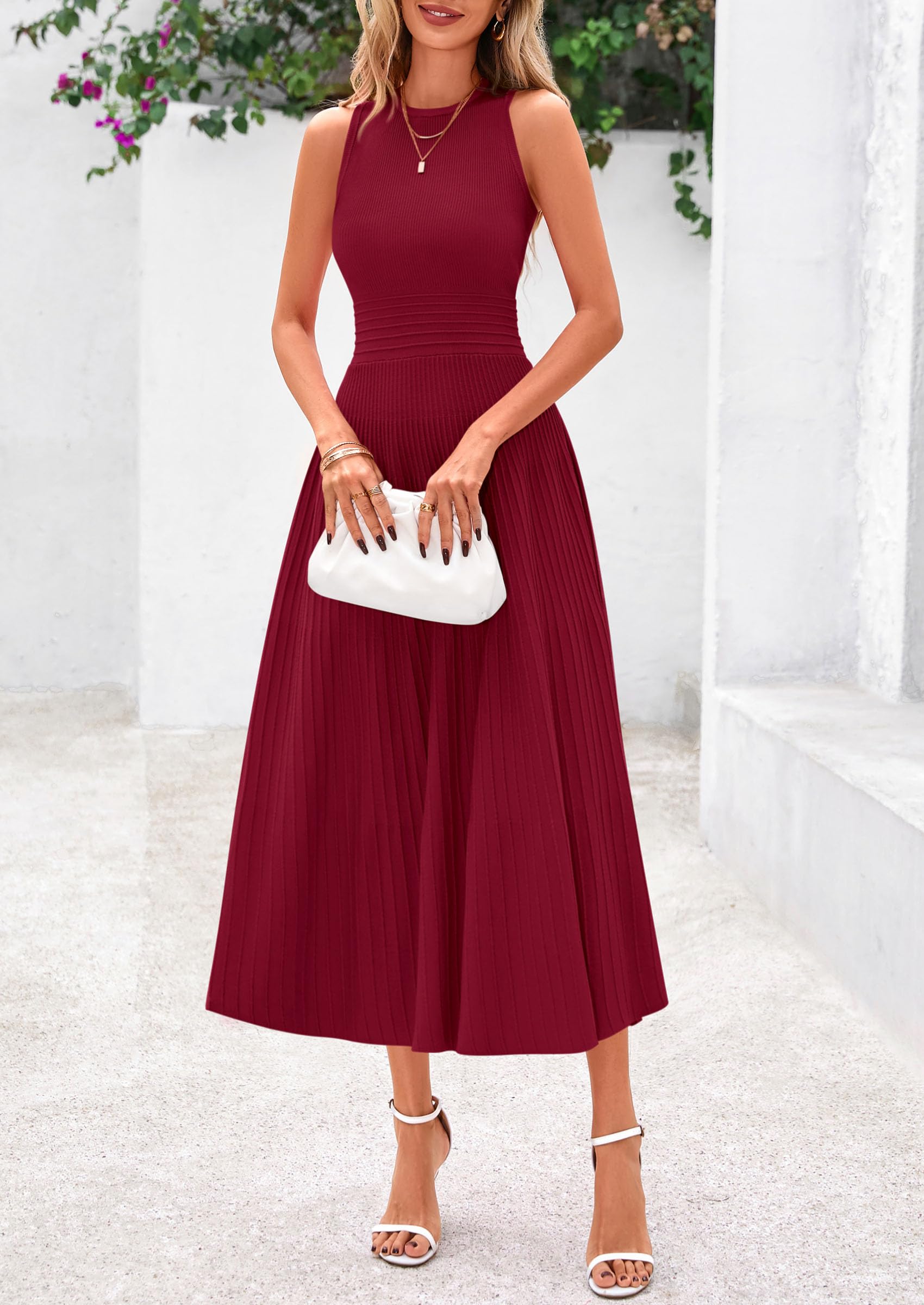 PRETTYGARDEN Spring Casual Dresses for Women 2026 Summer Business Work Midi Sleeveless A Line Pleated Cocktail Dress(Burgundy,Medium)