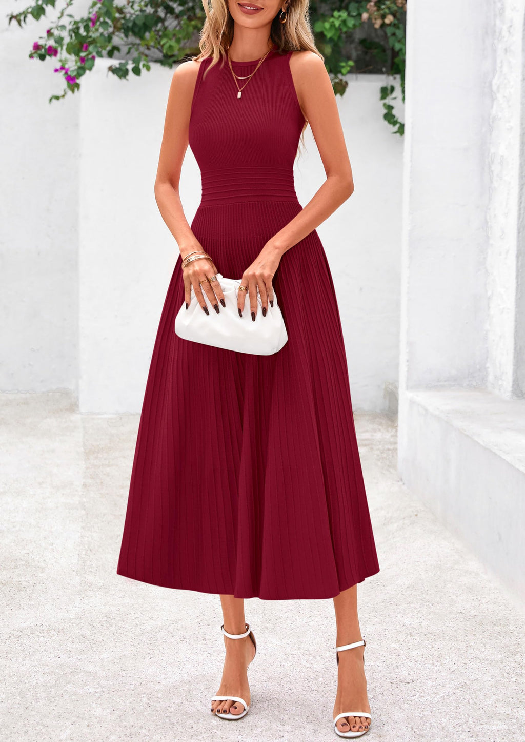 PRETTYGARDEN Spring Casual Dresses for Women 2026 Summer Business Work Midi Sleeveless A Line Pleated Cocktail Dress(Burgundy,X-Large)