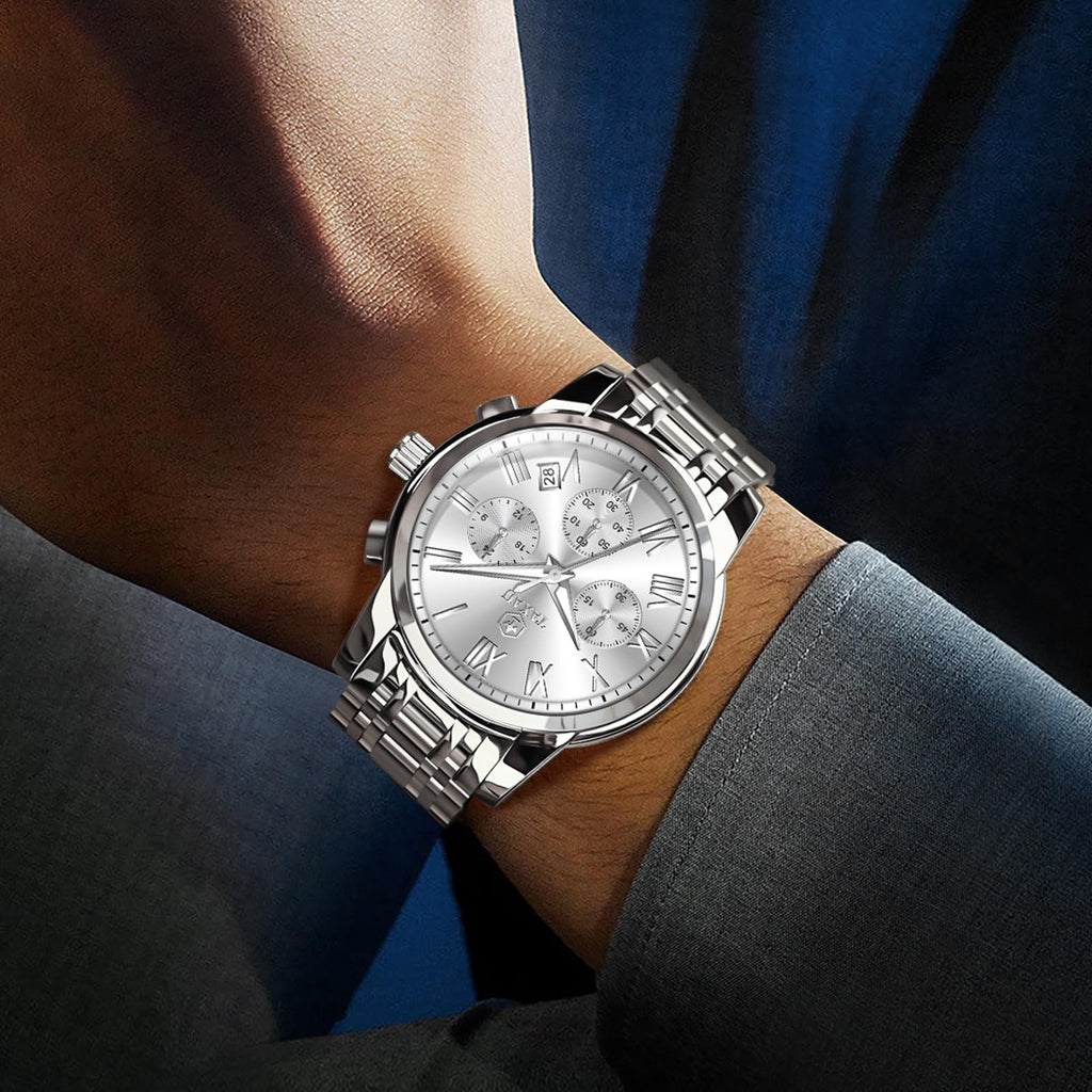 Taxau Silver Watches for Men Stainless Steel Chronograph White Face Multi-Function Men Wristwatch Analog Quartz Fashion Roman Numeral Date Men's Dress Watches Water Resistant Luminous Watch