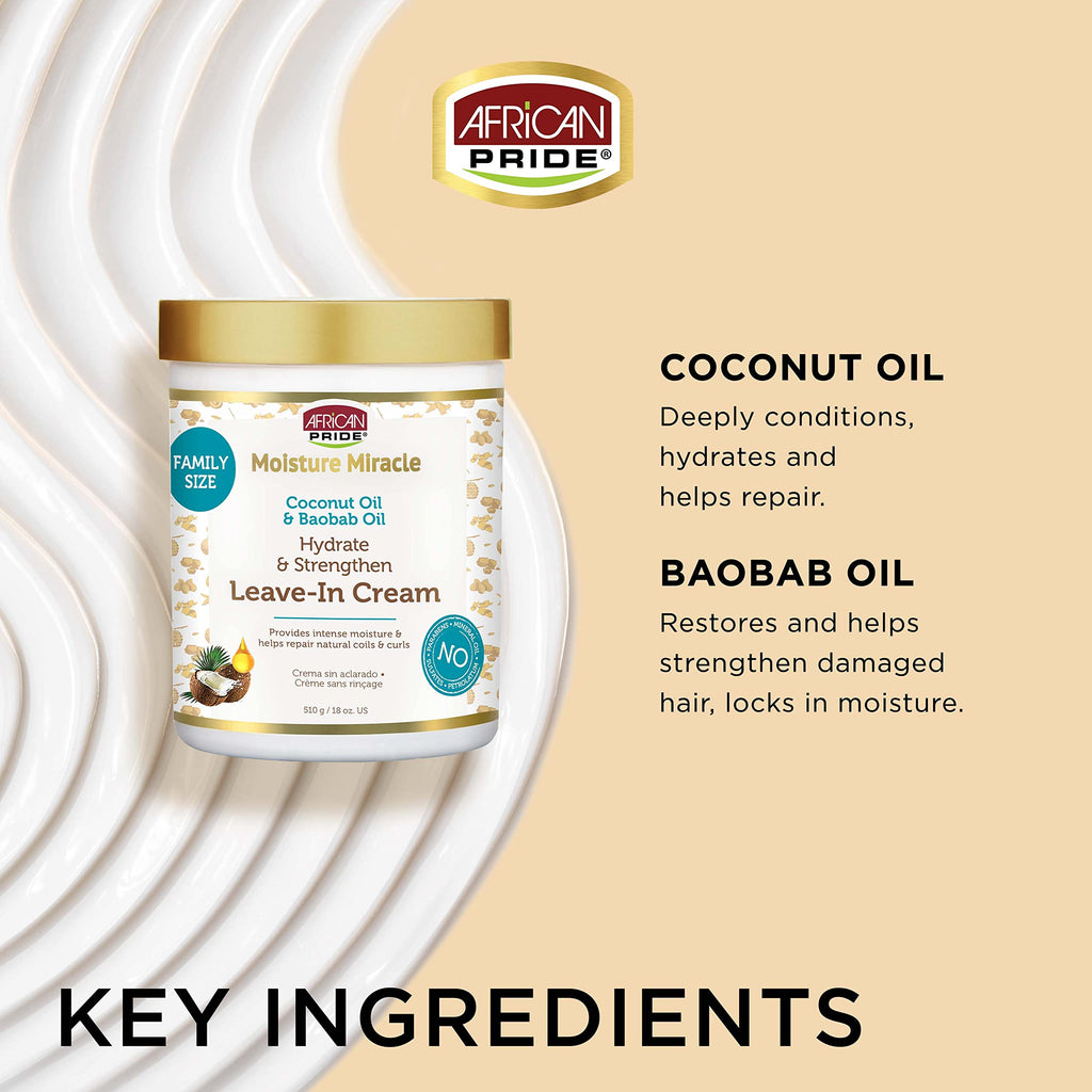 African Pride Moisture Miracle Leave-In Cream with Baobab Oil & Coconut Oil for Coily & Curly Hair, Adds Moisture, Helps Repair & Strengthen, 18 oz