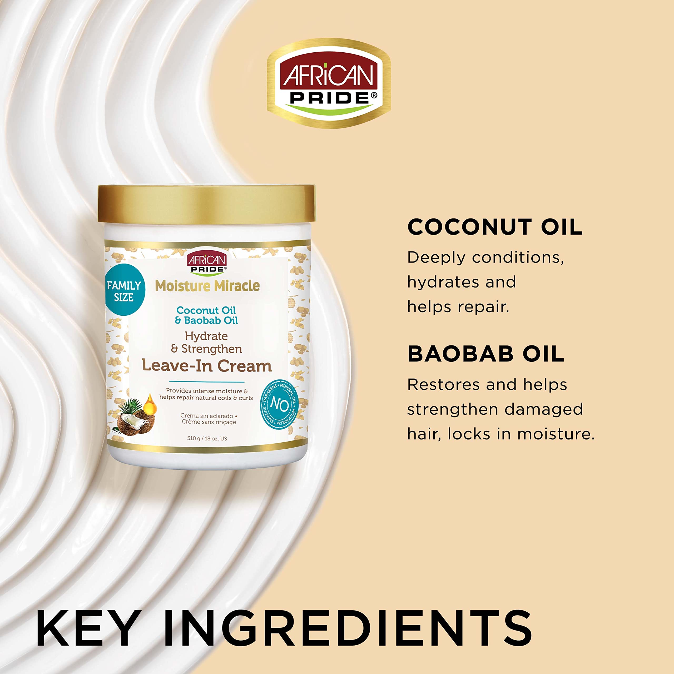African Pride Moisture Miracle Leave-In Cream with Baobab Oil & Coconut Oil for Coily & Curly Hair, Adds Moisture, Helps Repair & Strengthen, 18 oz