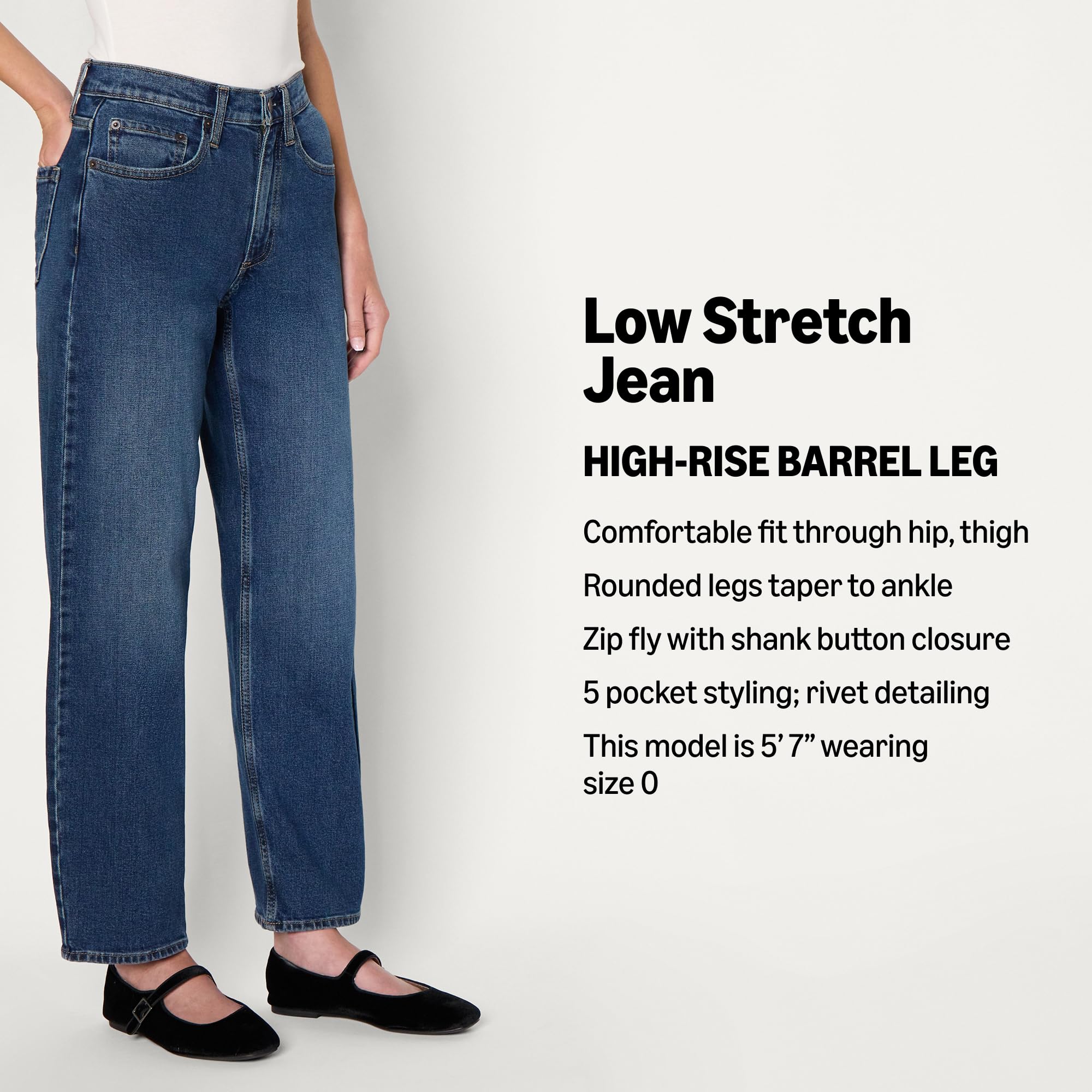 Amazon Essentials Women's Women's Low Stretch High-Rise Barrel Leg Jean, Stone Dark Wash, 10