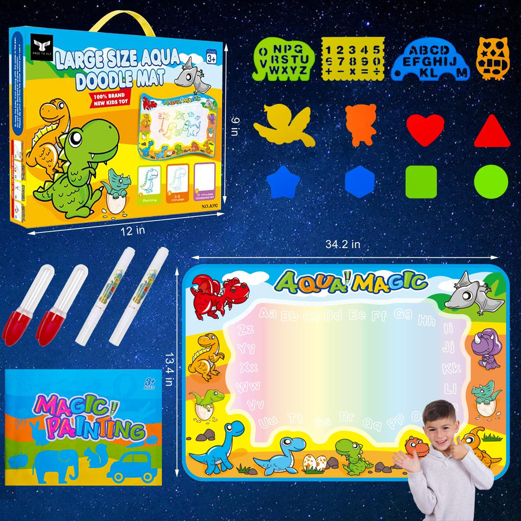Kids Dinosaur Water Doodle Mat - Large Mess Free Coloring Painting Pad Drawing Magic Water Canvas Toddler 1-3 Reusable Floor Outdoor Art Toy Education Birthday Valentines Day Gifts Boys Girls Ages 2-4